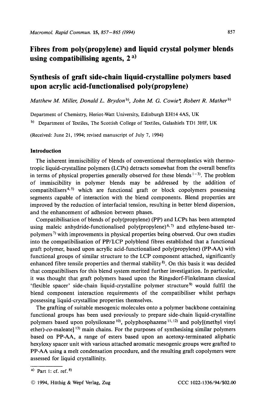 Fibres from poly(propylene) and liquid crystal polymer blends using compatibilising agents, 2. Synthesis of graft side-chain liquid-crystalline polymers based upon acrylic aicd-fun by Unknown