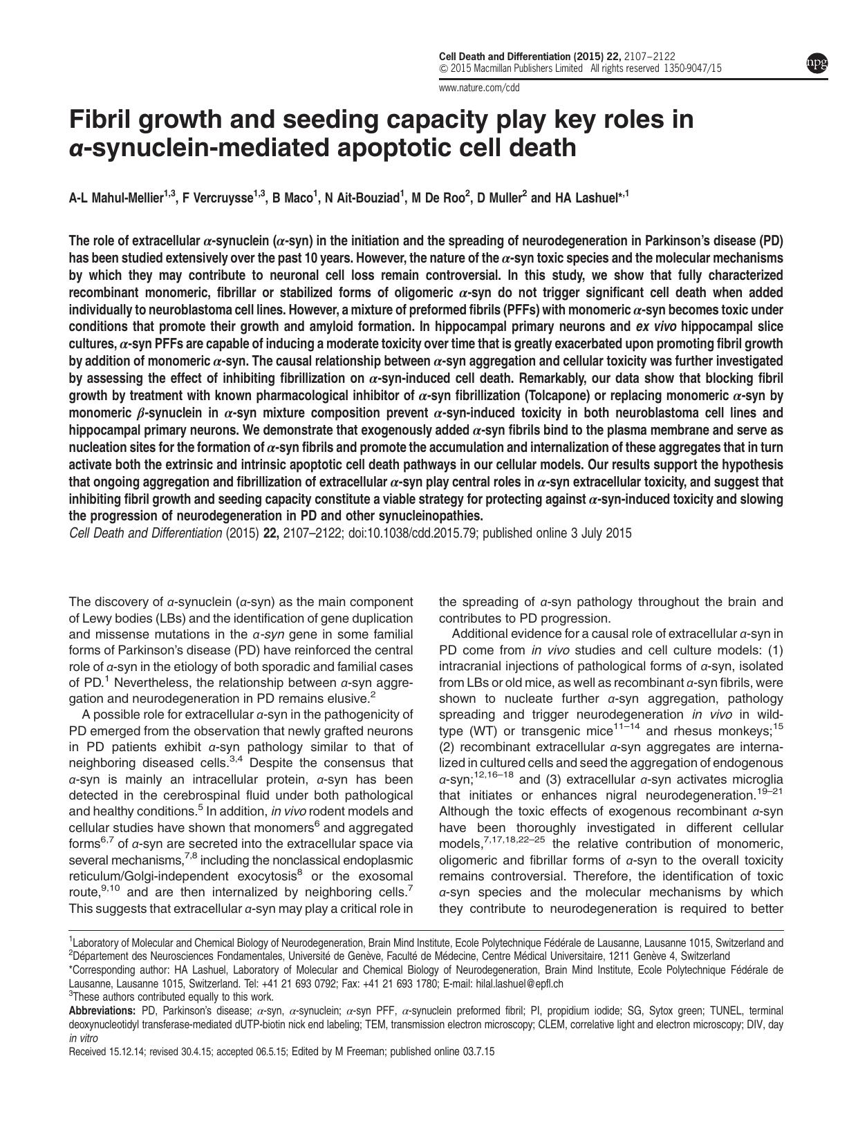 Fibril growth and seeding capacity play key roles in &alpha;-synuclein-mediated apoptotic cell death by A-L Mahul-Mellier & F Vercruysse & B Maco & N Ait-Bouziad & M De Roo & D Muller & H A Lashuel &