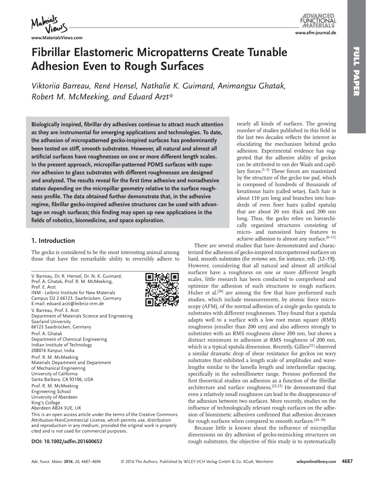 Fibrillar Elastomeric Micropatterns Create Tunable Adhesion Even to Rough Surfaces by Unknown