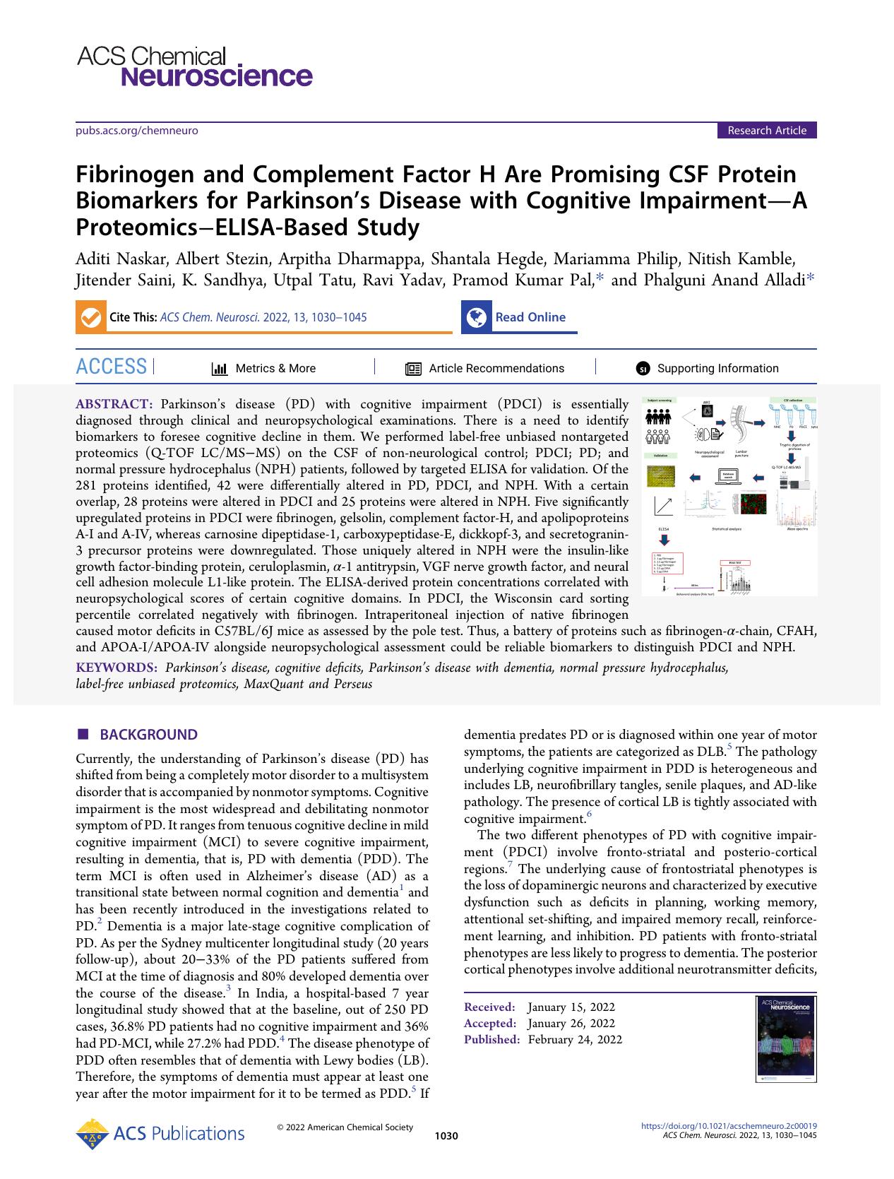 Fibrinogen and Complement Factor H Are Promising CSF Protein Biomarkers for Parkinsonâs Disease with Cognitive ImpairmentâA ProteomicsâELISA-Based Study by unknow