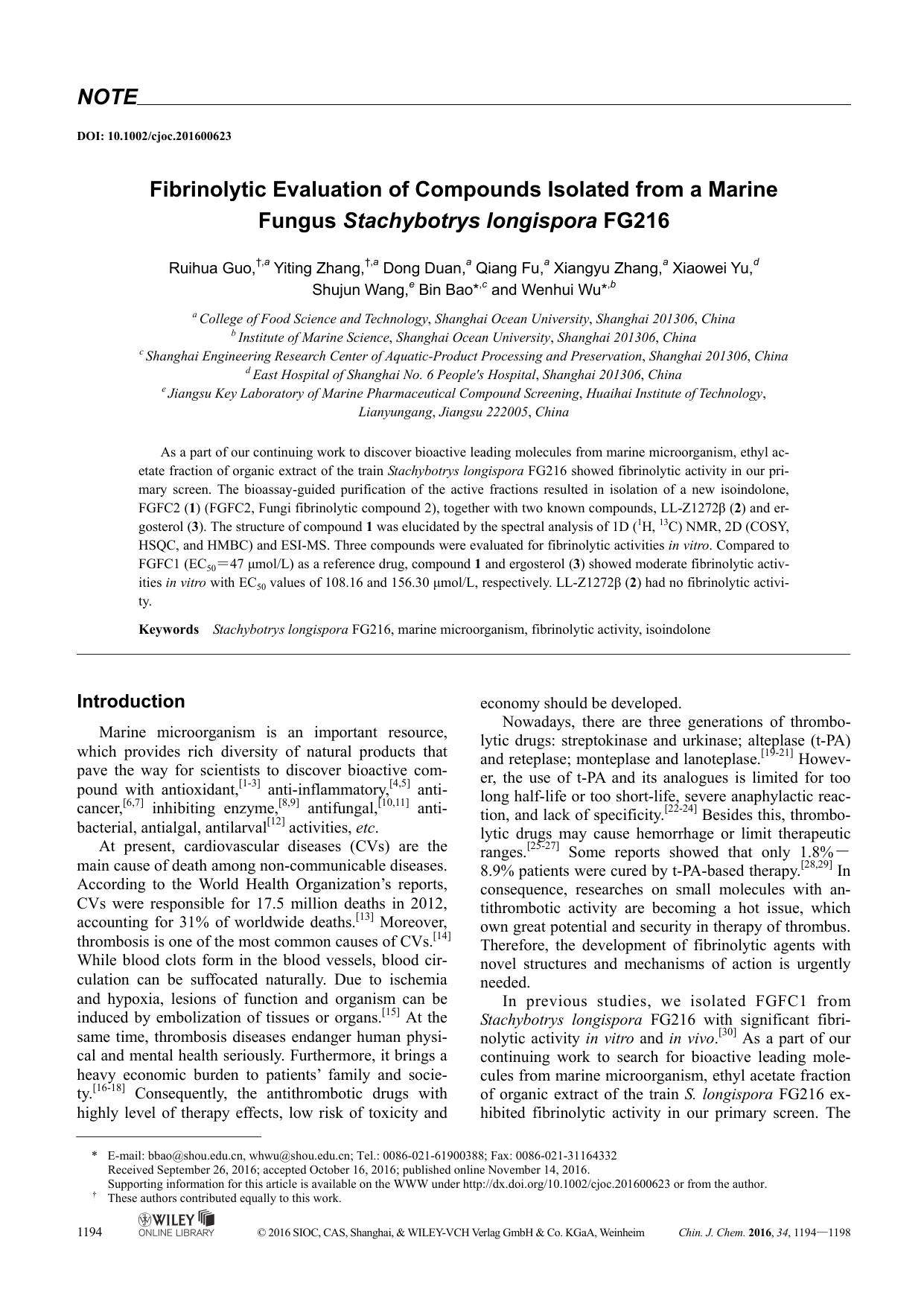 Fibrinolytic Evaluation of Compounds Isolated from a Marine Fungus Stachybotrys longispora FG216 by lenovo