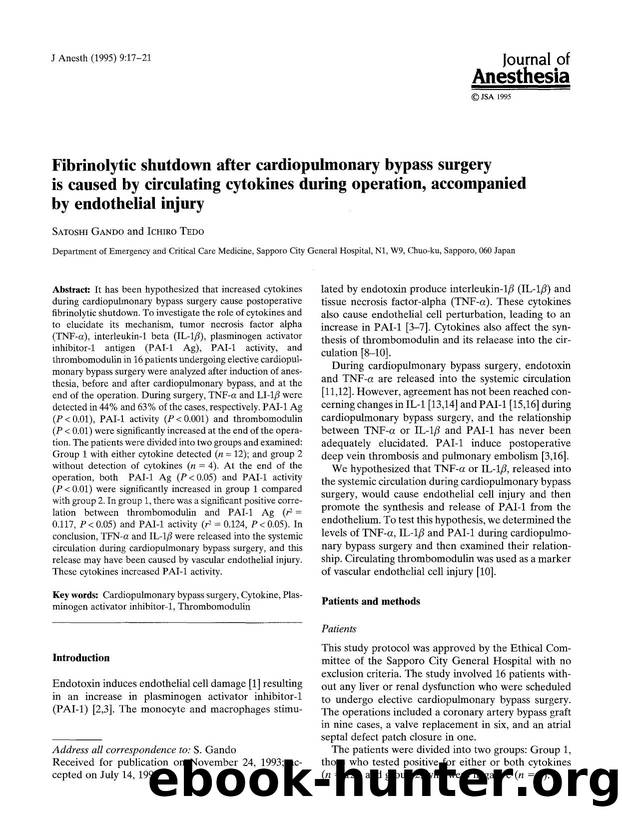 Fibrinolytic shutdown after cardiopulmonary bypass surgery is caused by circulating cytokines during operation, accompanied by endothelial injury by Unknown