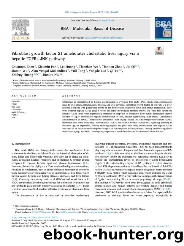 Fibroblast growth factor 21 ameliorates cholestatic liver injury via a hepatic FGFR4-JNK pathway by unknow