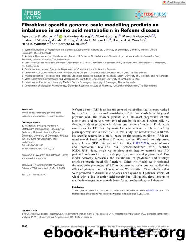 Fibroblastâspecific genomeâscale modelling predicts an imbalance in amino acid metabolism in Refsum disease by Unknown