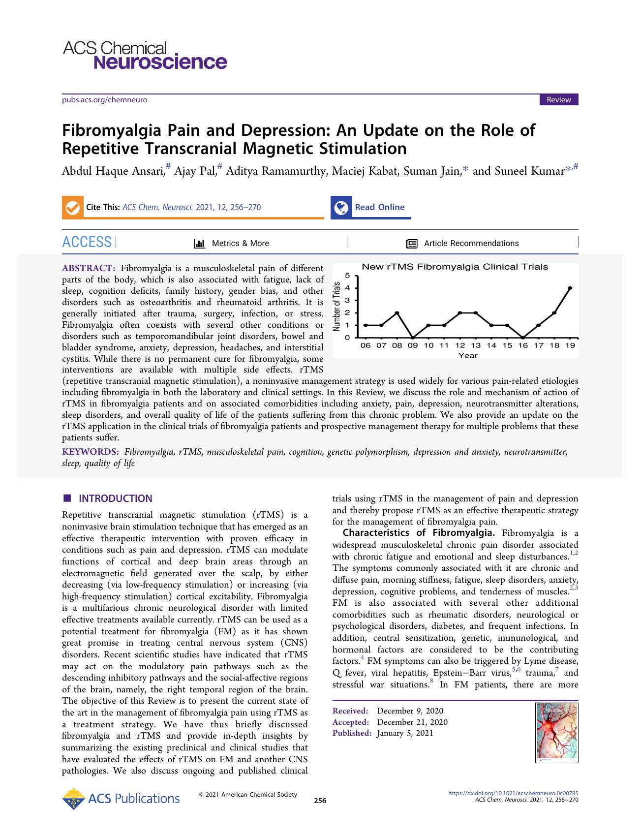 Fibromyalgia Pain and Depression: An Update on the Role of Repetitive Transcranial Magnetic Stimulation by Abdul Haque Ansari Ajay Pal Aditya Ramamurthy Maciej Kabat Suman Jain and Suneel Kumar