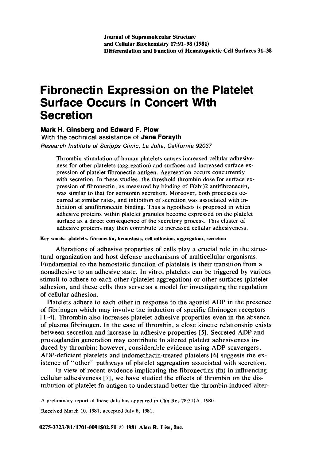 Fibronectin expression on the platelet surface occurs in concert with secretion by Unknown