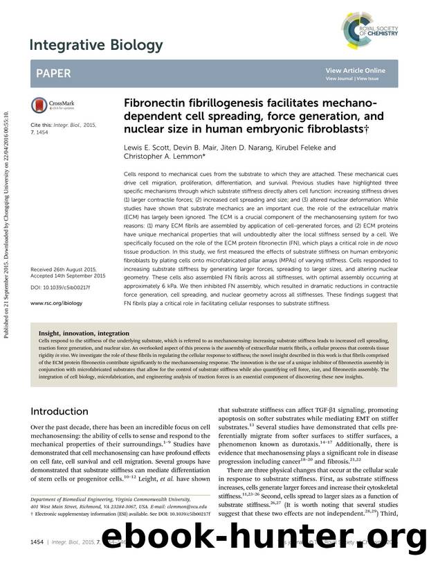Fibronectin fibrillogenesis facilitates mechano-dependent cell spreading, force generation, and nuclear size in human embryonic fibroblasts by Lewis E. Scott & Devin B. Mair & Jiten D. Narang & Kirubel Feleke & Christopher A. Lemmon