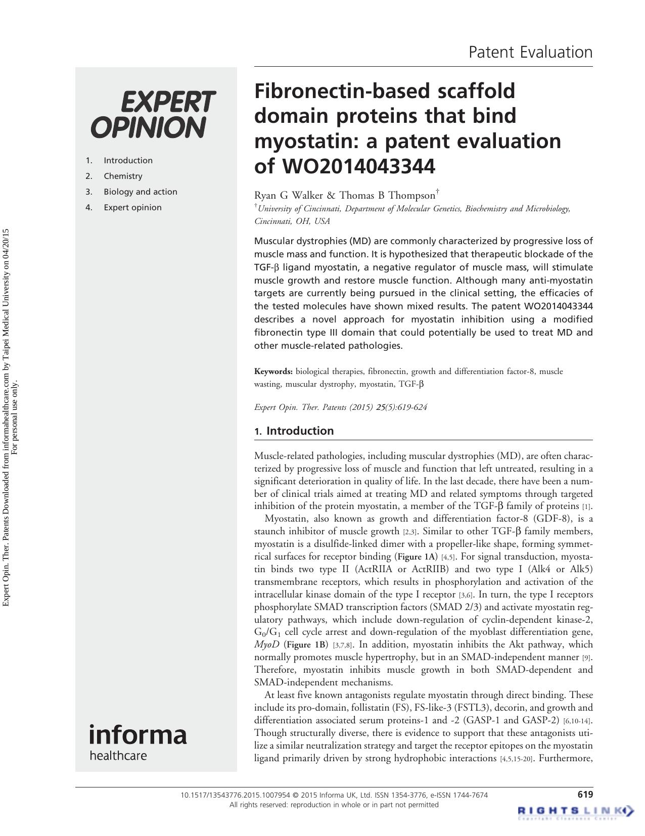 Fibronectin-based scaffold domain proteins that bind myostatin: a patent evaluation of WO2014043344 by Ryan G Walker & Thomas B Thompson