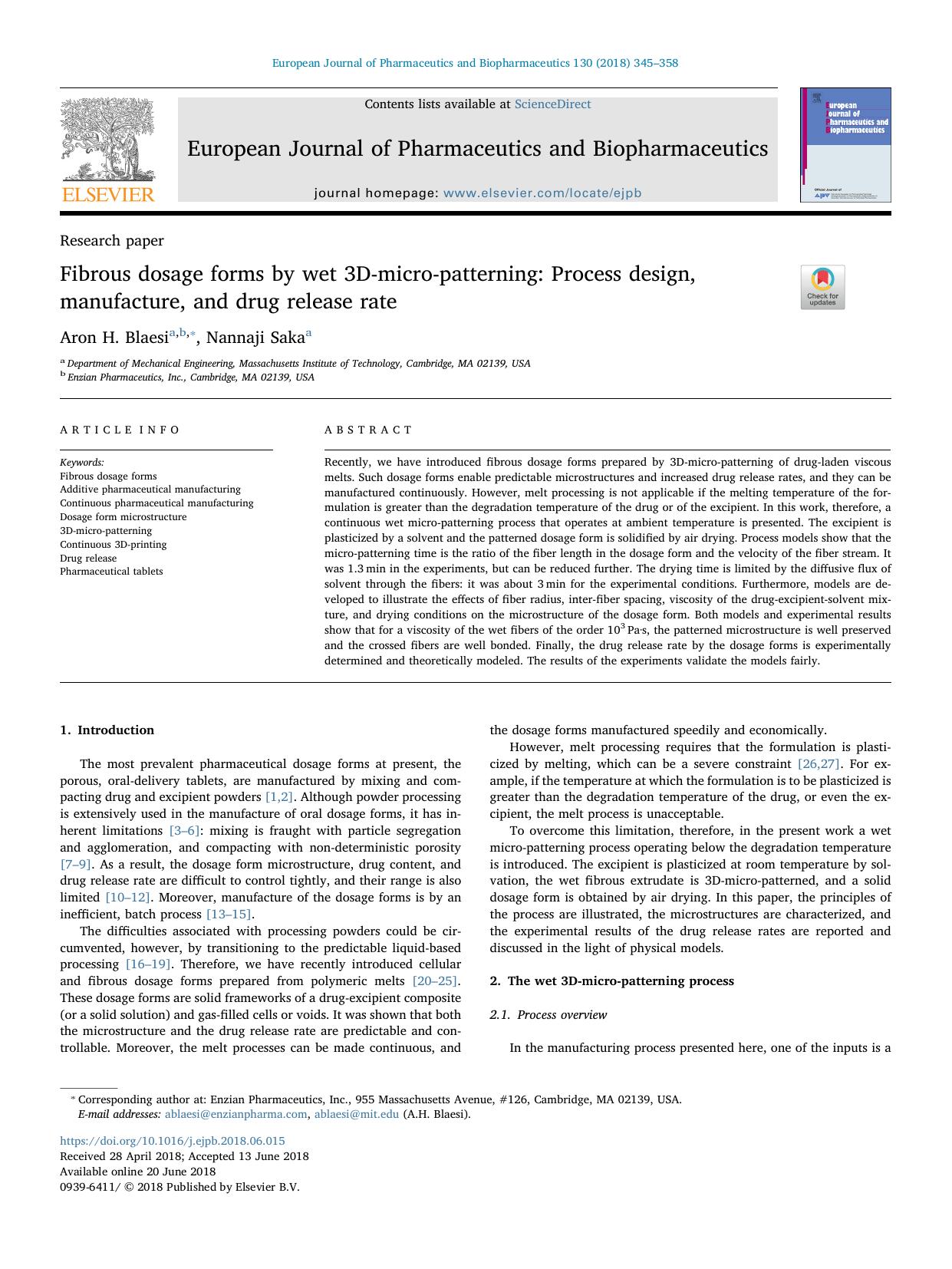 Fibrous dosage forms by wet 3D-micro-patterning_ Process design, manufacture, and drug release rate by Aron H. Blaesi & Nannaji Saka