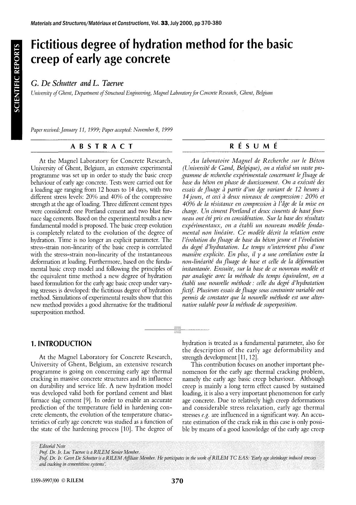 Fictitious degree of hydration method for the basic creep of early age concrete by Unknown