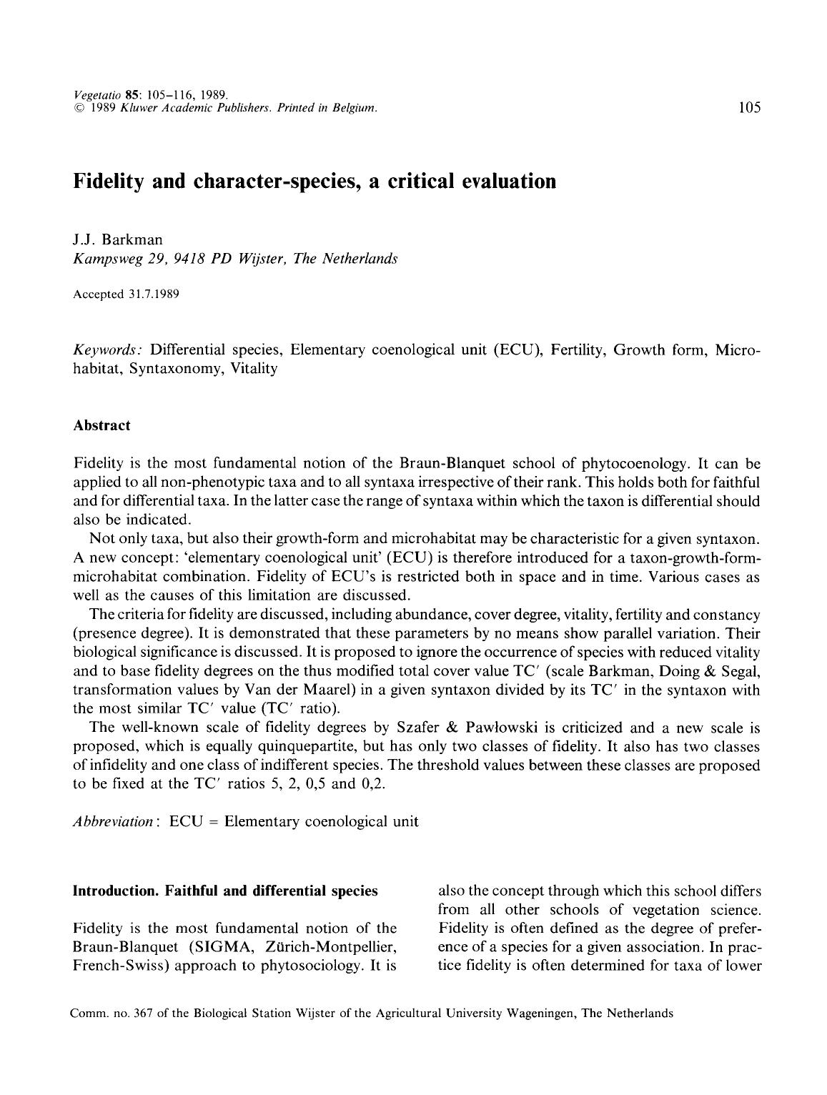 Fidelity and character-species, a critical evaluation by Unknown