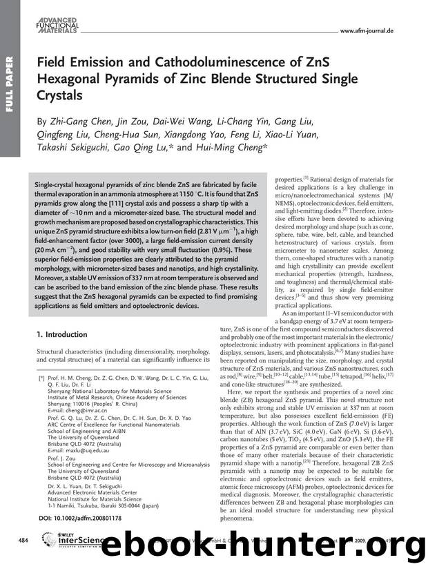 Field Emission and Cathodoluminescence of ZnS Hexagonal Pyramids of Zinc Blende Structured Single Crystals by Unknown