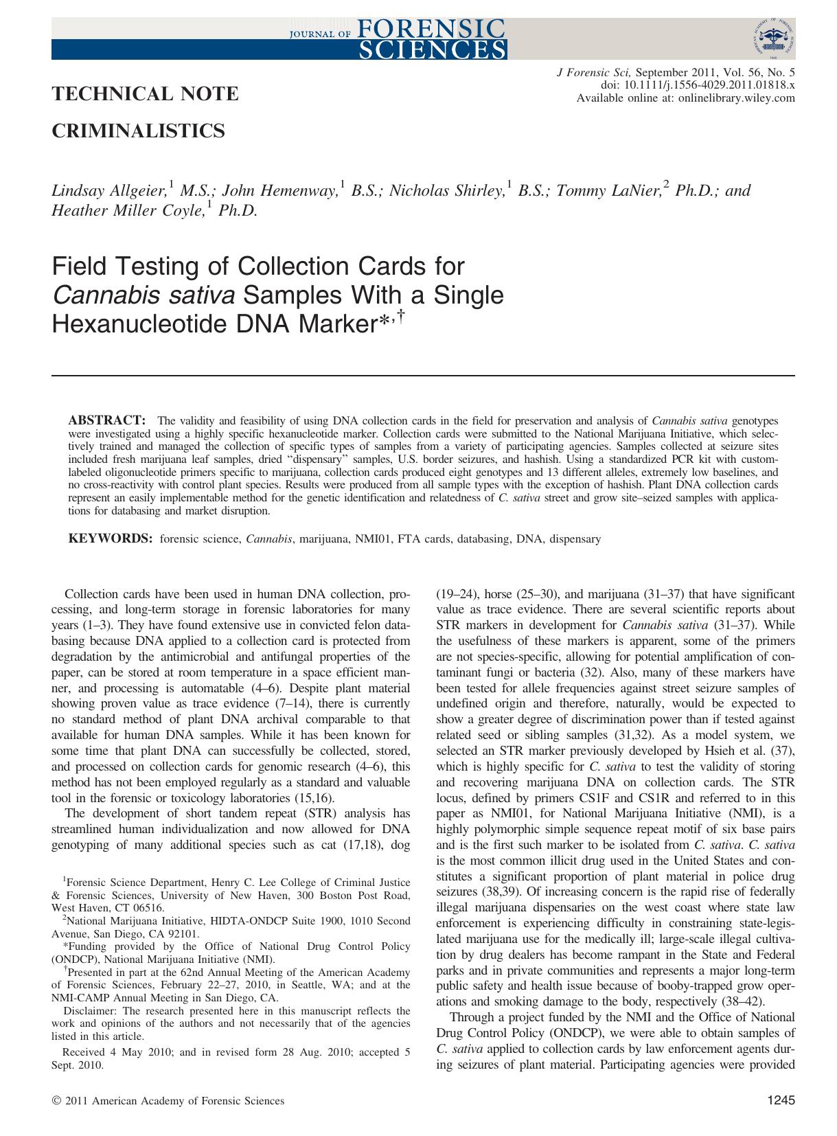 Field Testing of Collection Cards for Cannabis sativa Samples With a Single Hexanucleotide DNA Marker, by Unknown