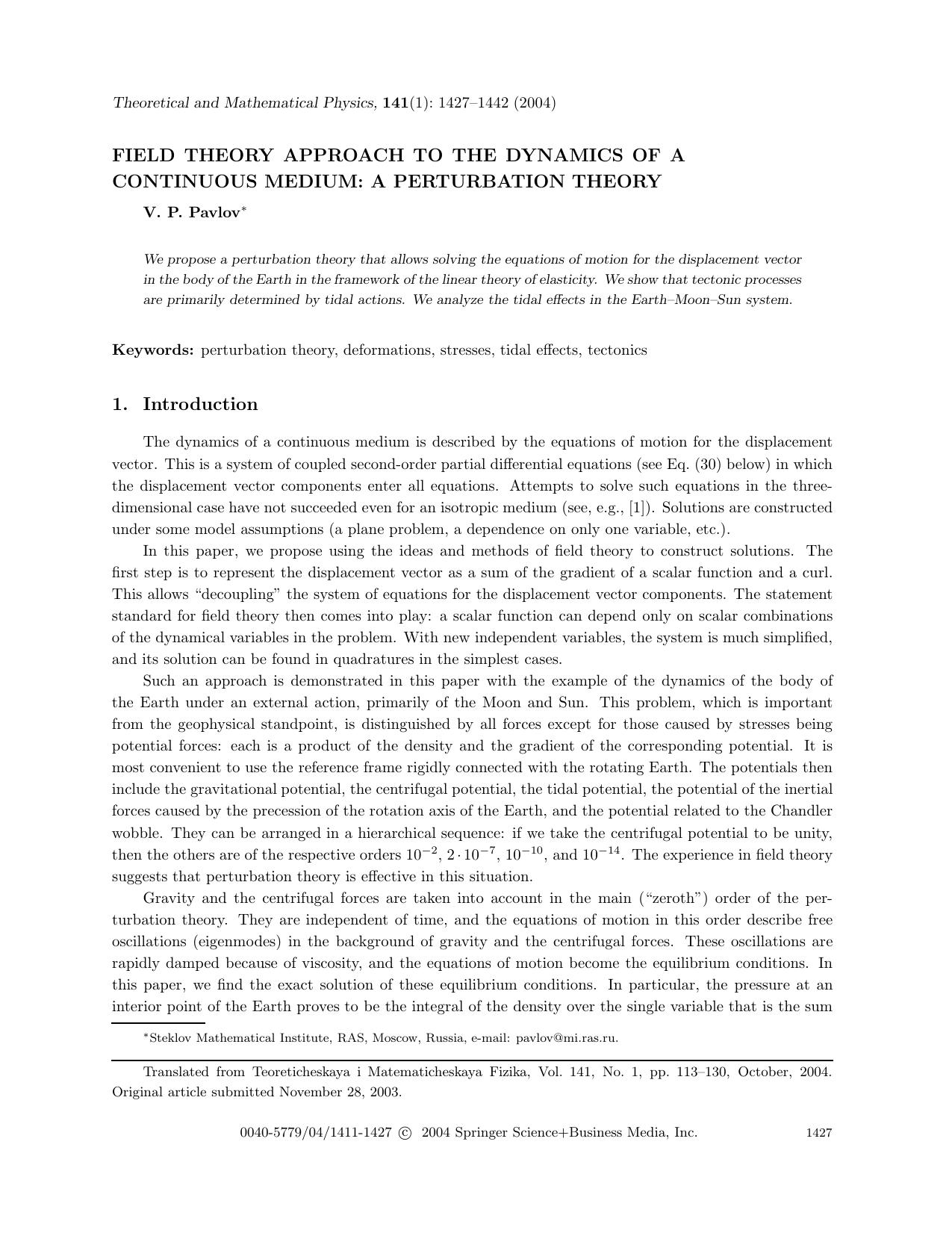 Field Theory Approach to the Dynamics of a Continuous Medium: A Perturbation Theory by Unknown