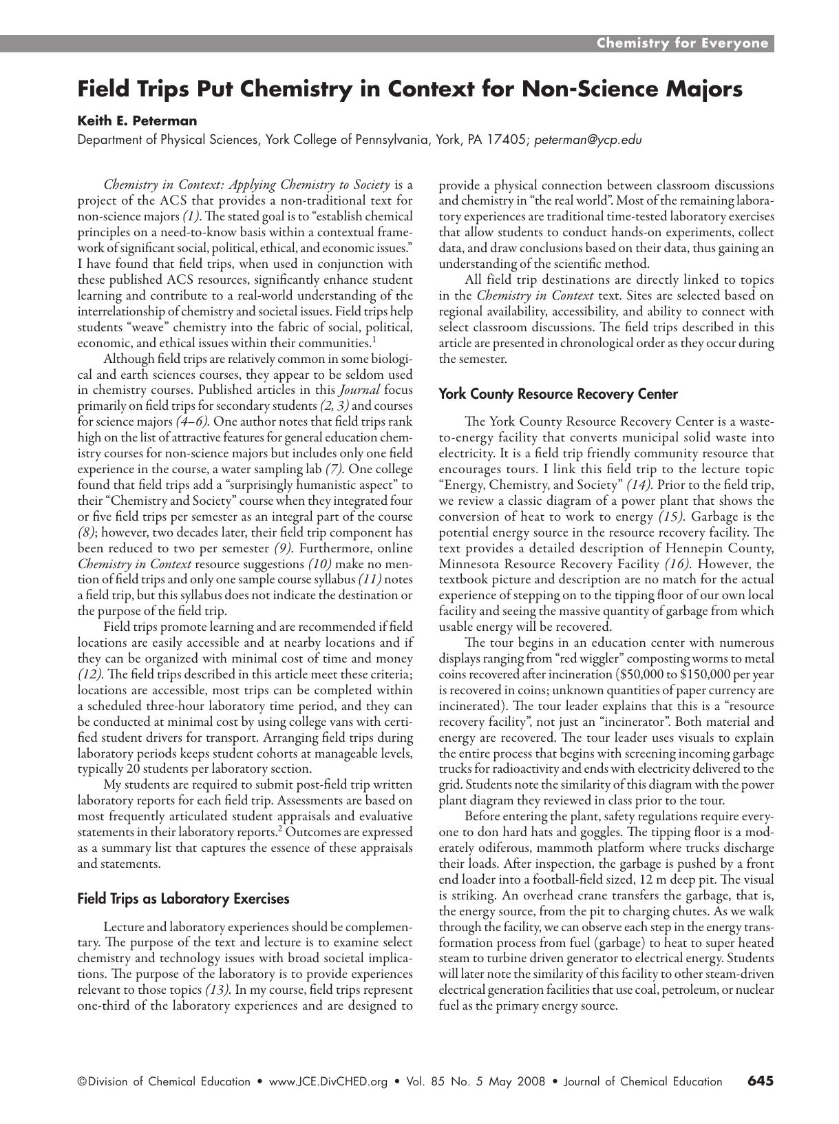 Field Trips Put Chemistry in Context for Non-Science Majors by Keith E. Peterman