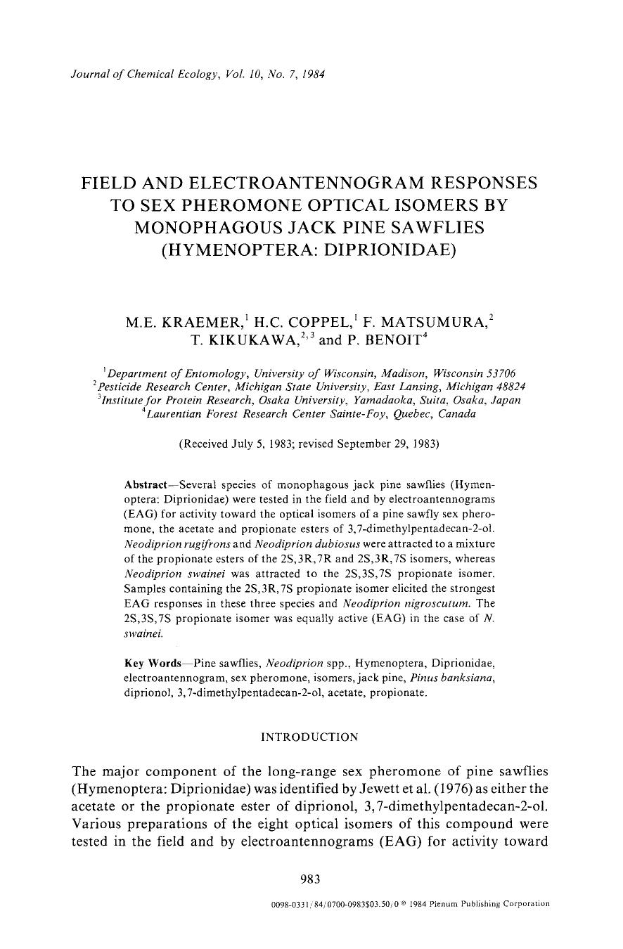 Field and electroantennogram responses to sex pheromone optical isomers by monophagous jack pine sawflies (Hymenoptera: Diprionidae) by Unknown