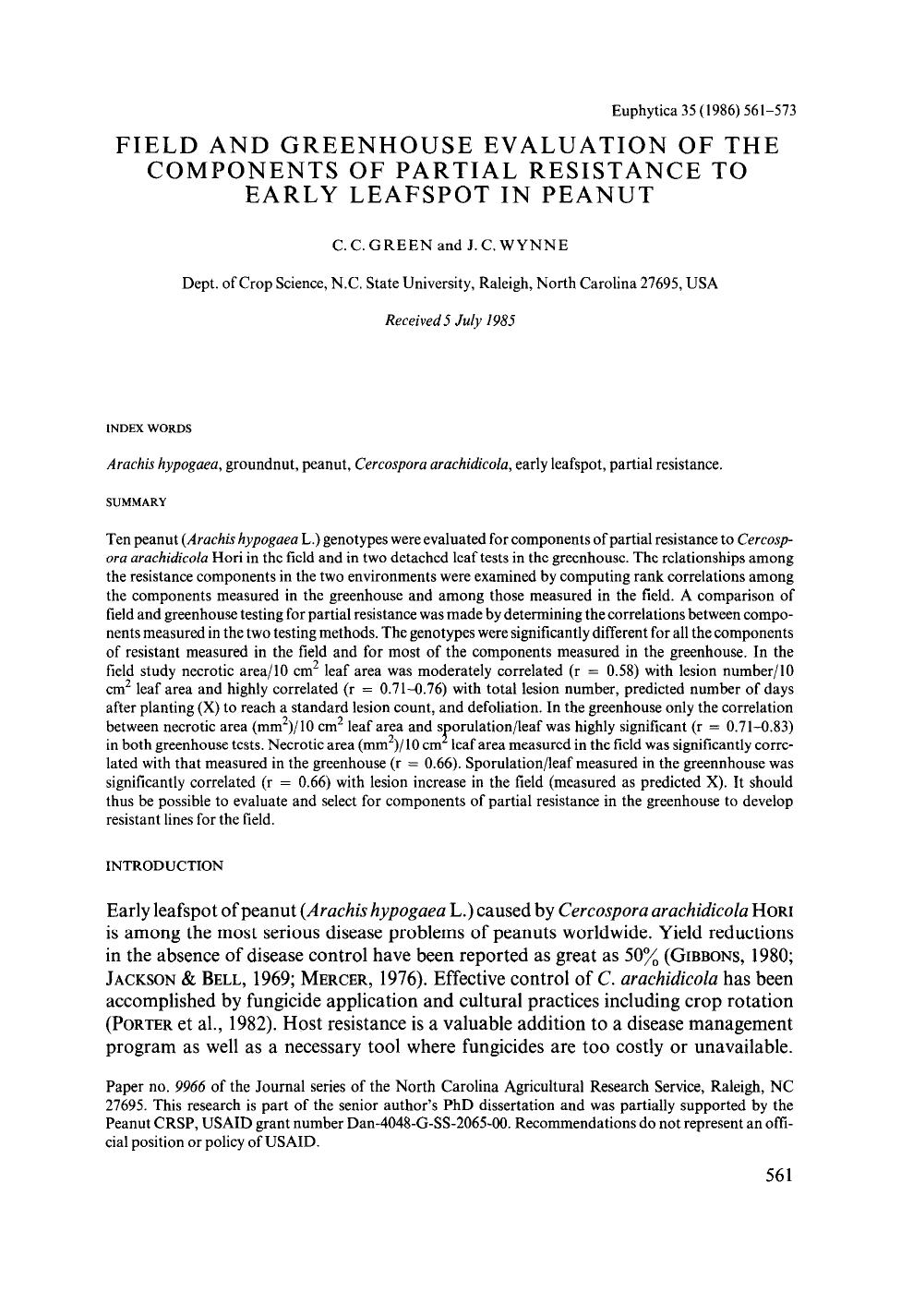 Field and greenhouse evaluation of the components of partial resistance to early leafspot in peanut by Unknown