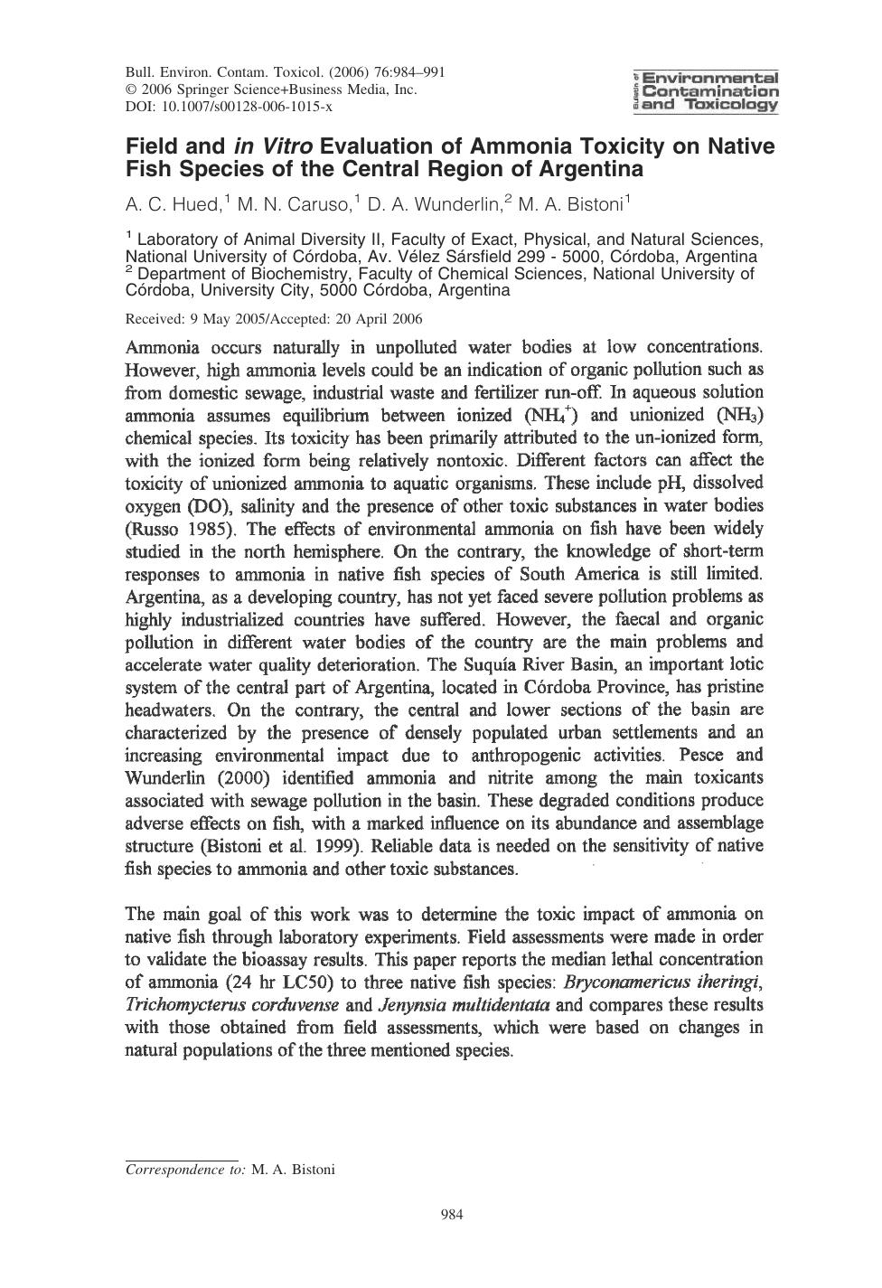 Field and in Vitro Evaluation of Ammonia Toxicity on Native Fish Species of the Central Region of Argentina by A. C. Hued et al