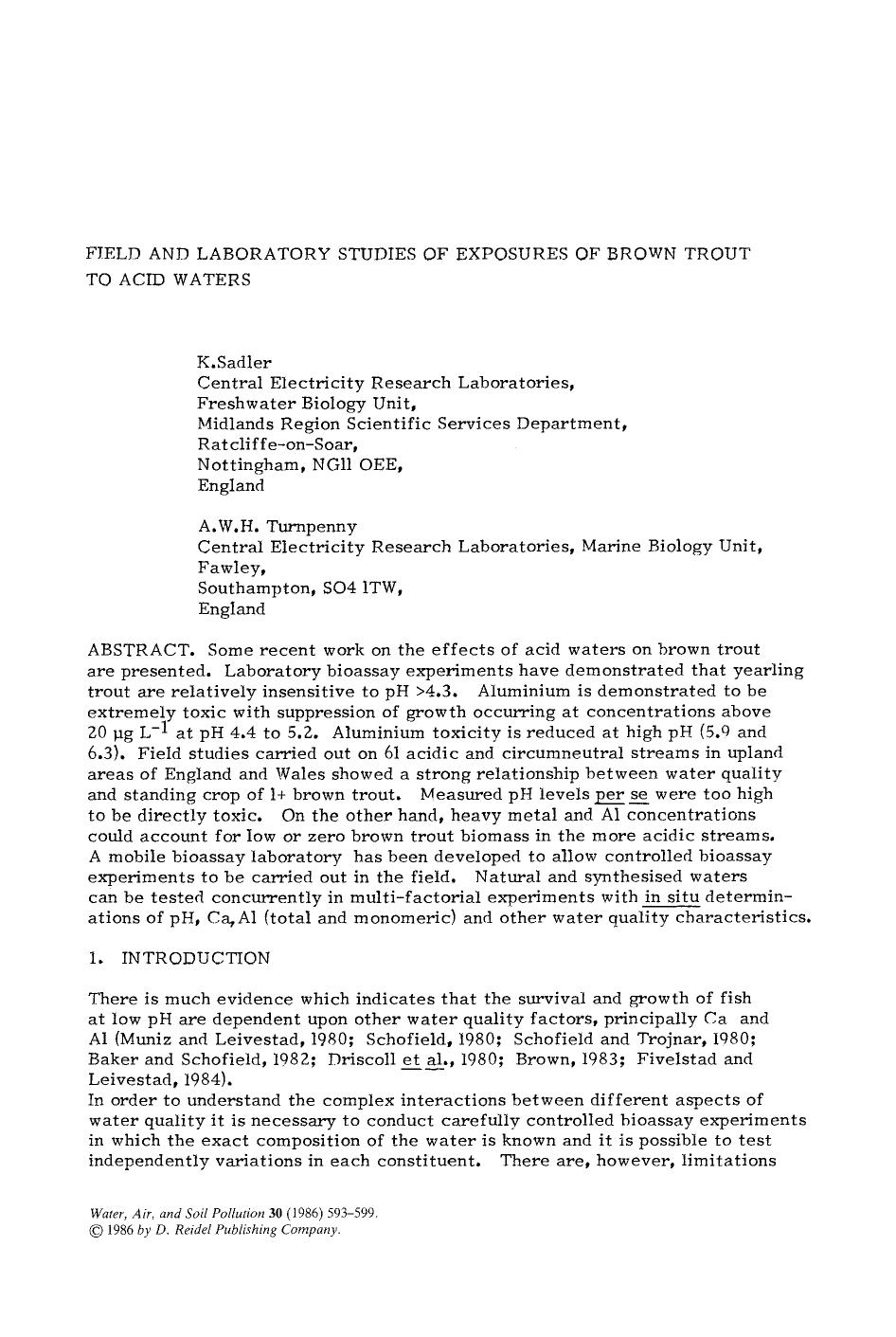 Field and laboratory studies of exposures of brown trout to acid waters by Unknown