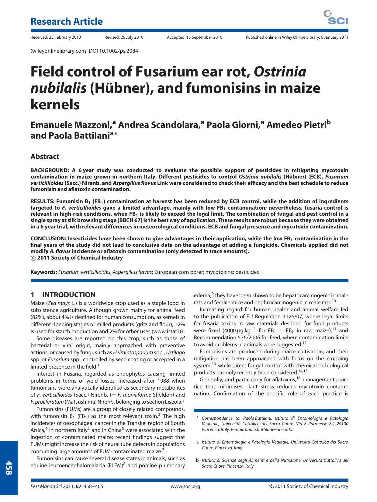 Field control of Fusarium ear rot, Ostrinia nubilalis (Hbner), and fumonisins in maize kernels by Unknown
