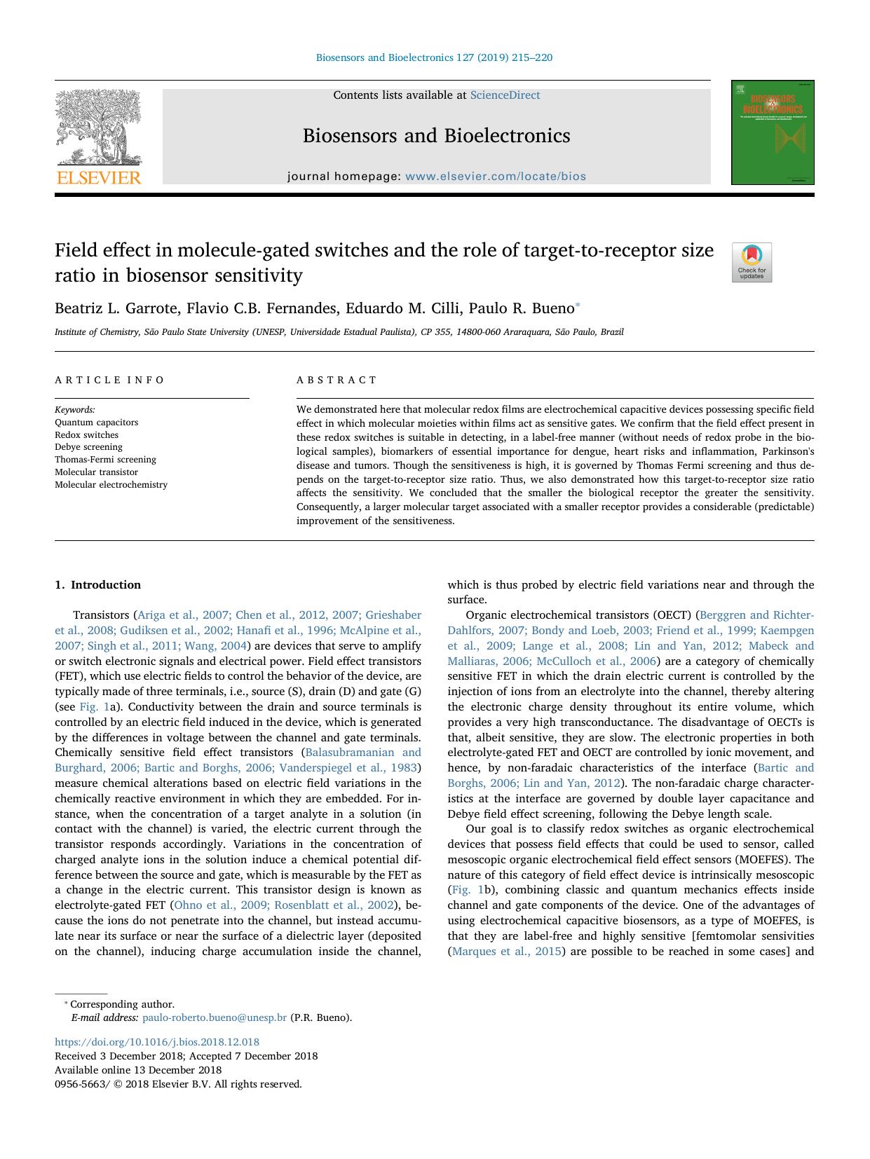 Field effect in molecule-gated switches and the role of target-to-receptor size ratio in biosensor sensitivity by Beatriz L. Garrote & Flavio C.B. Fernandes & Eduardo M. Cilli & Paulo R. Bueno