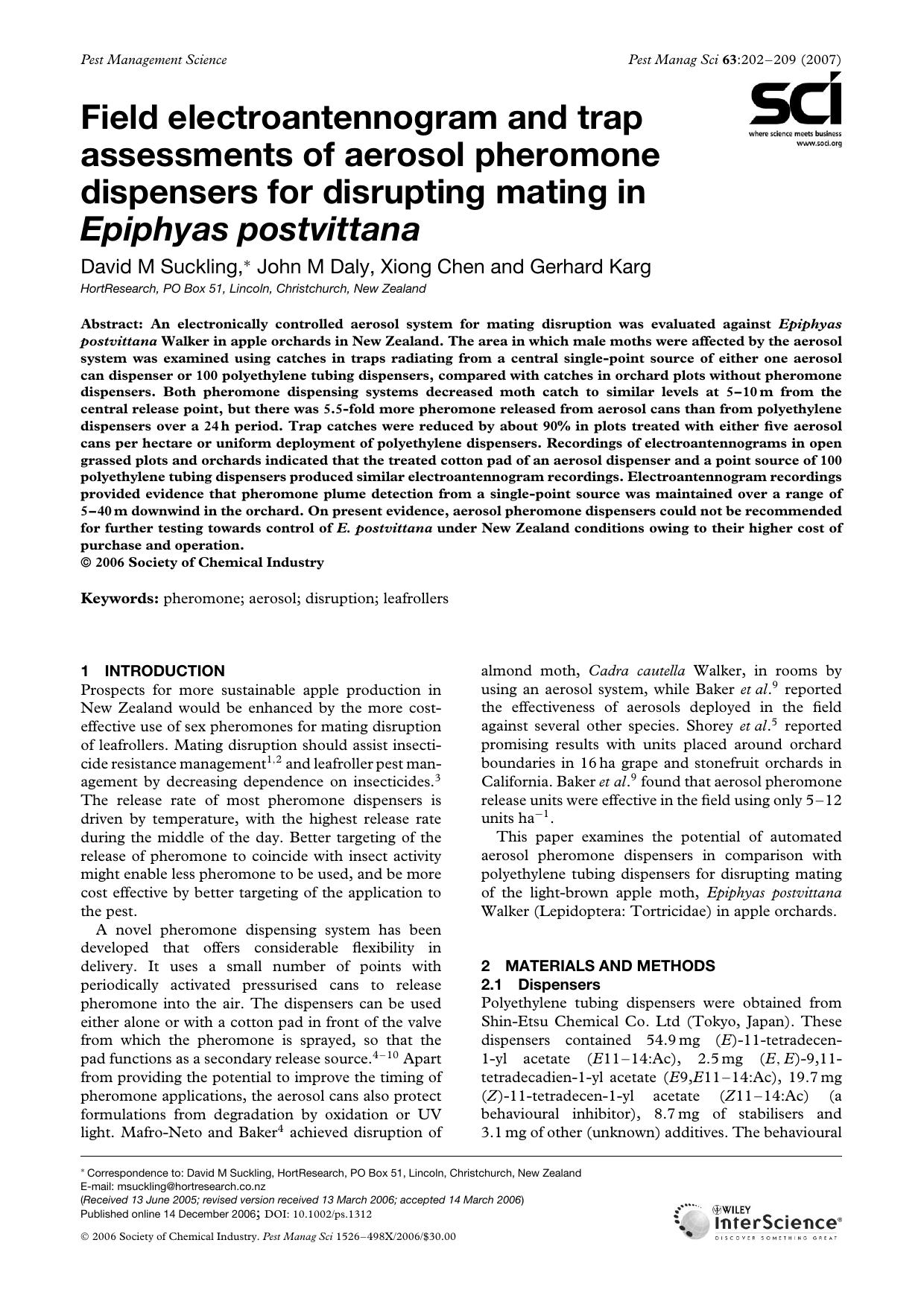 Field electroantennogram and trap assessments of aerosol pheromone dispensers for disrupting mating in Epiphyas postvittana by Unknown