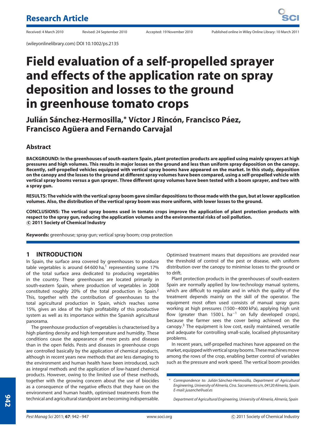 Field evaluation of a selfpropelled sprayer and effects of the application rate on spray deposition and losses to the ground in greenhouse tomato crops by Unknown