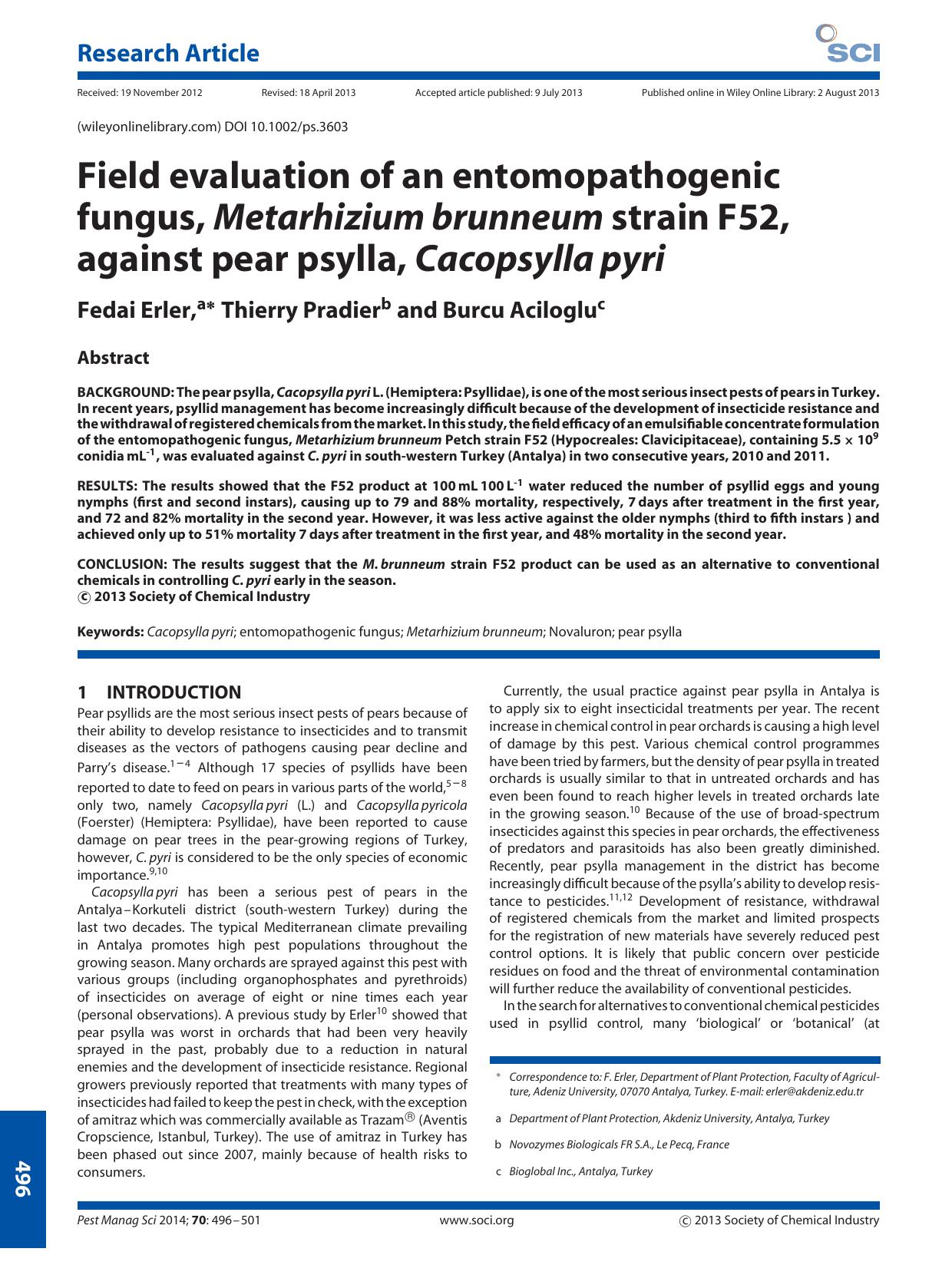 Field evaluation of an entomopathogenic fungus, Metarhiziumbrunneum strain F52, against pear psylla, Cacopsyllapyri by Unknown