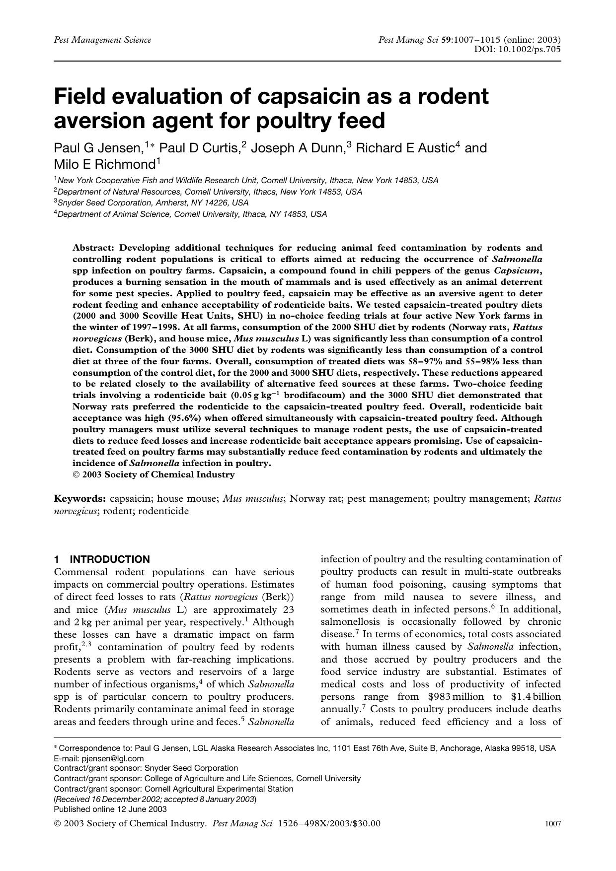Field evaluation of capsaicin as a rodent aversion agent for poultry feed by Unknown