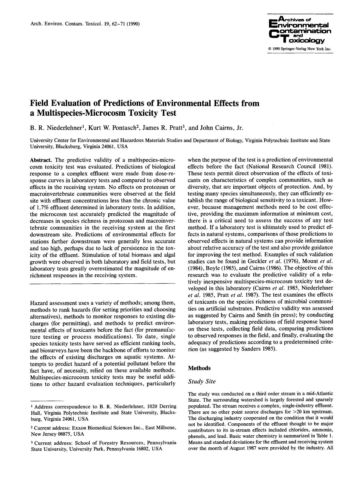 Field evaluation of predictions of environmental effects from a multispecies-microcosm toxicity test by Unknown