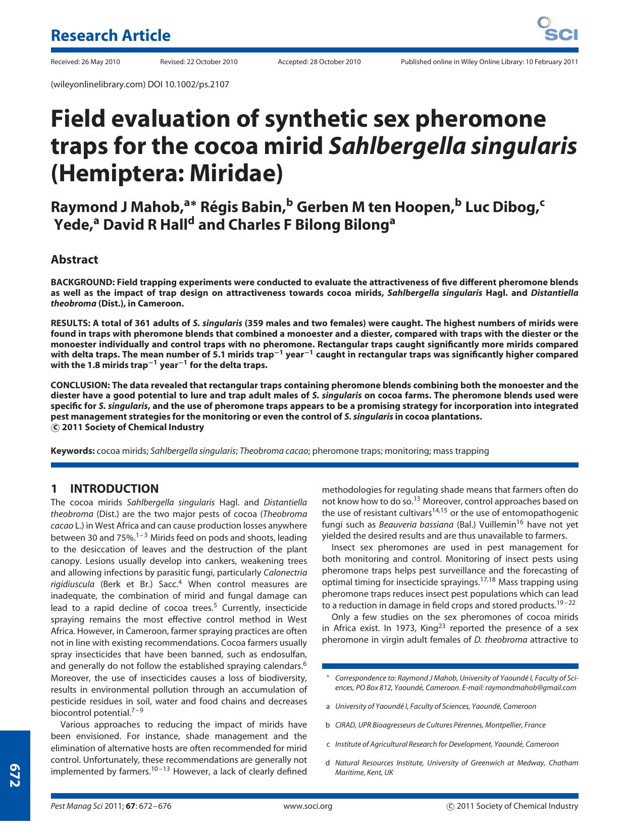 Field evaluation of synthetic sex pheromone traps for the cocoa mirid Sahlbergella singularis (Hemiptera: Miridae) by Unknown