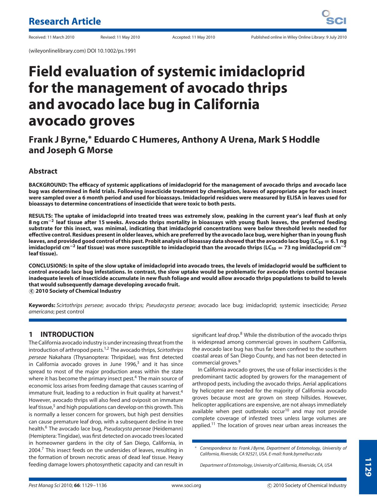 Field evaluation of systemic imidacloprid for the management of avocado thrips and avocado lace bug in California avocado groves by Unknown