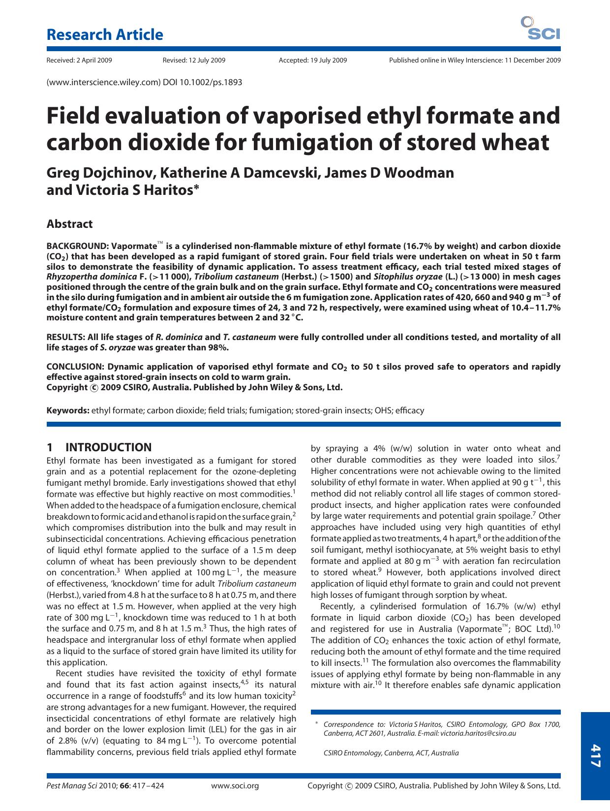 Field evaluation of vaporised ethyl formate and carbon dioxide for fumigation of stored wheat by Unknown