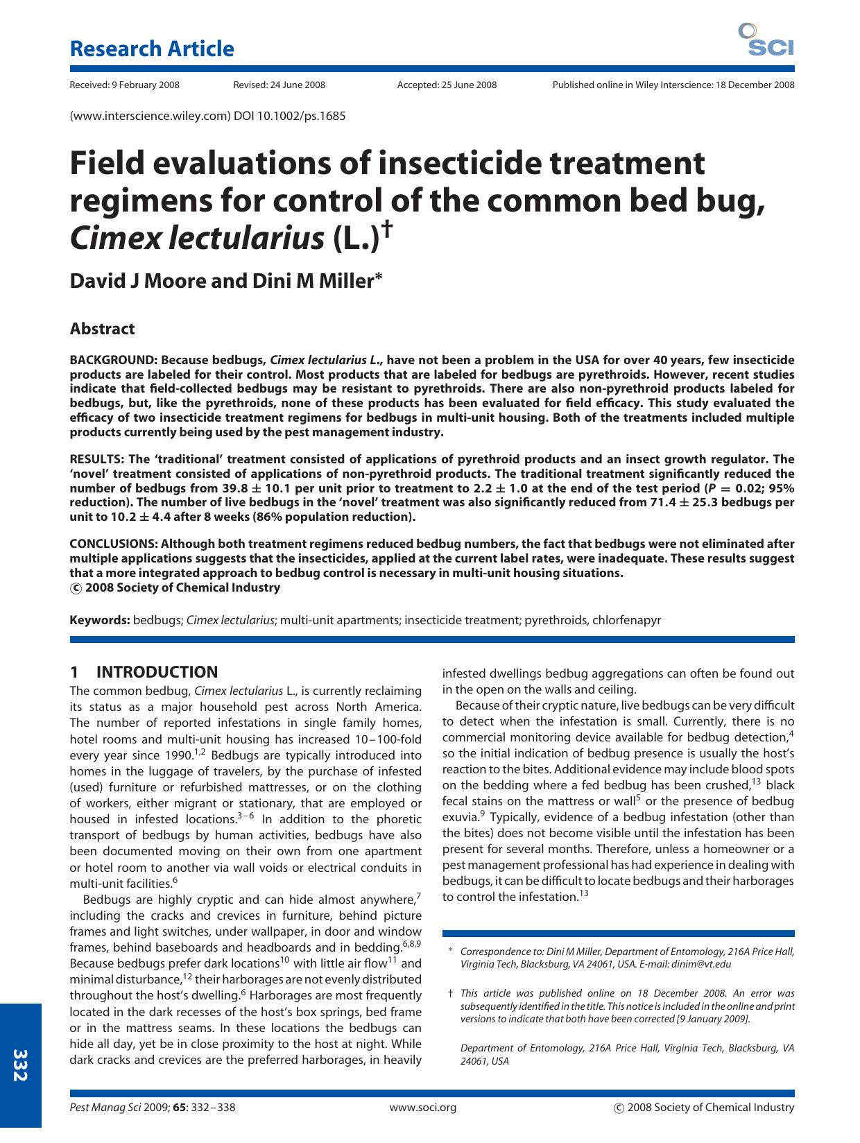 Field evaluations of insecticide treatment regimens for control of the common bed bug, Cimex lectularius (L.) by Unknown