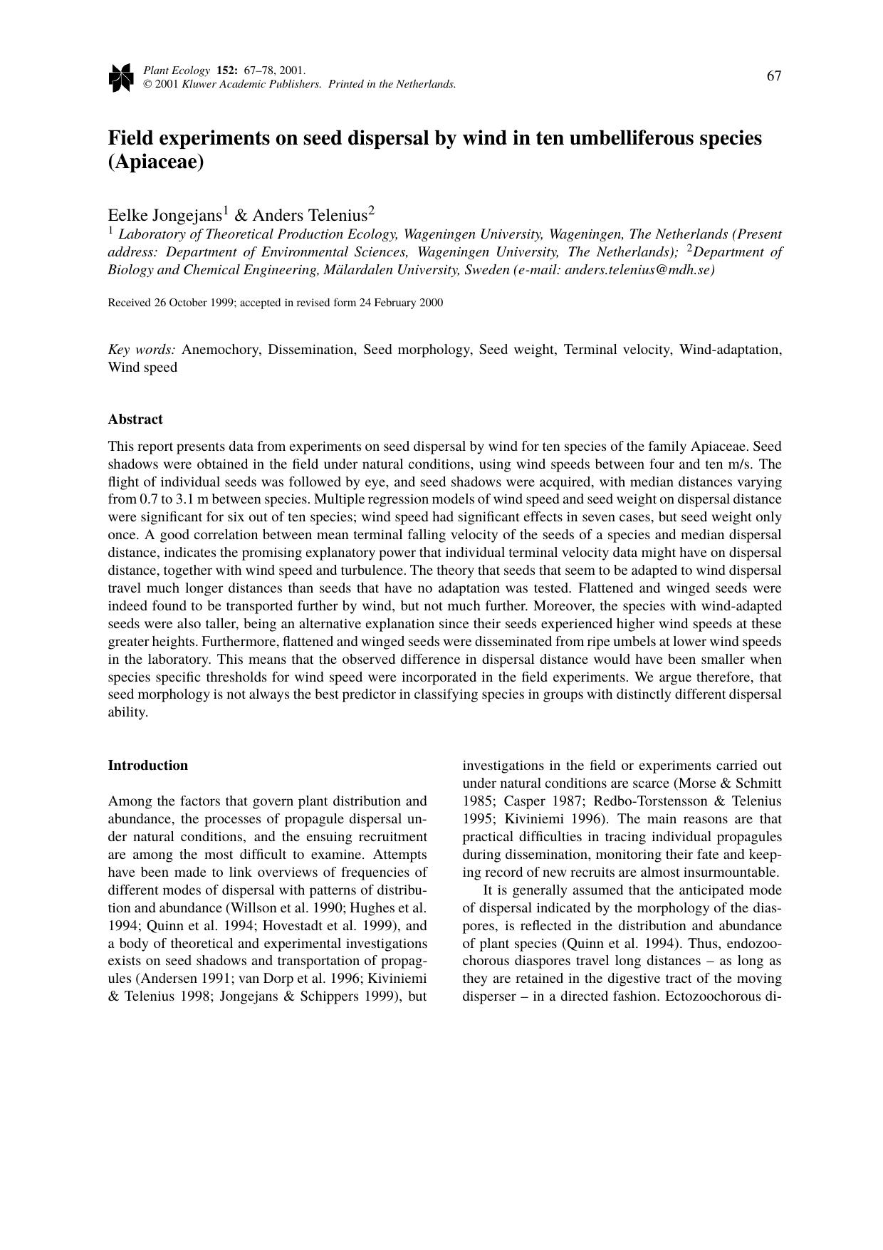Field experiments on seed dispersal by wind in ten umbelliferous species (Apiaceae) by Unknown