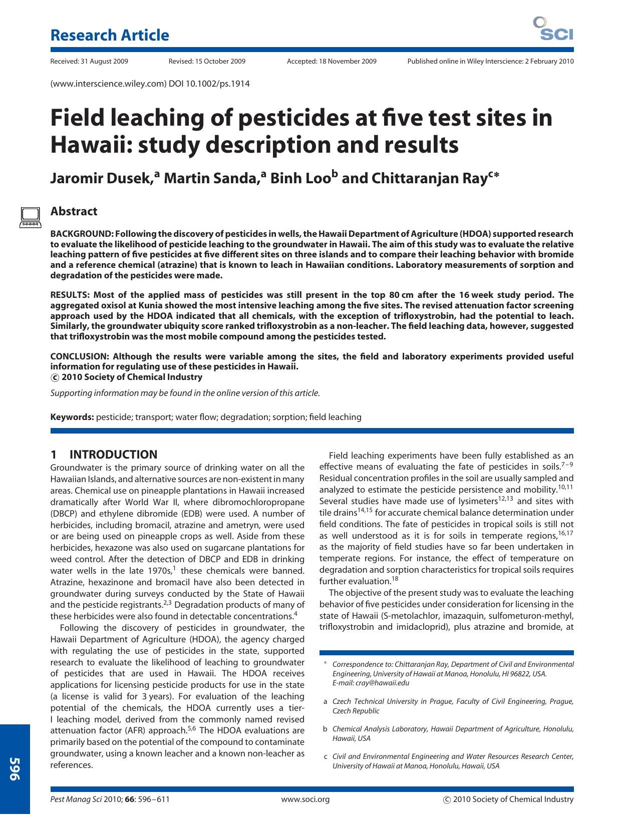 Field leaching of pesticides at five test sites in Hawaii: study description and results by Unknown