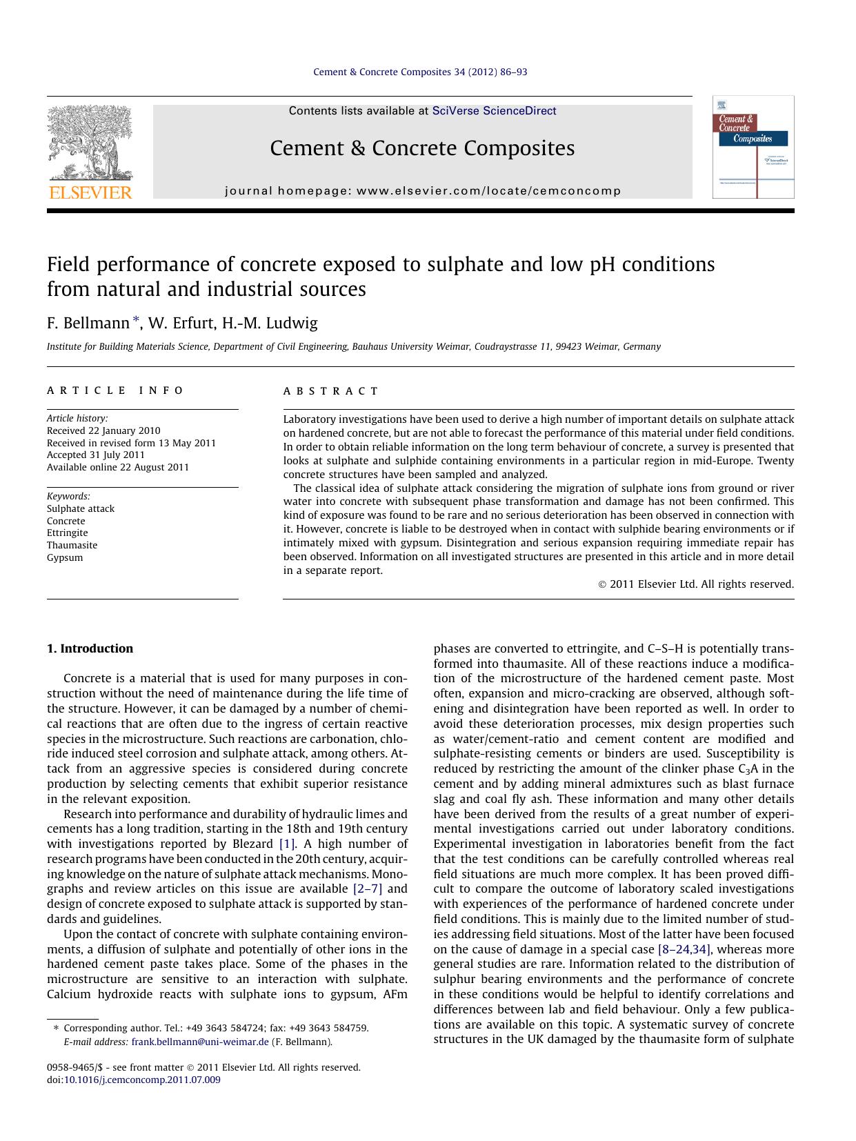 Field performance of concrete exposed to sulphate and low pH conditions from natural and industrial sources by F. Bellmann & W. Erfurt & H.-M. Ludwig