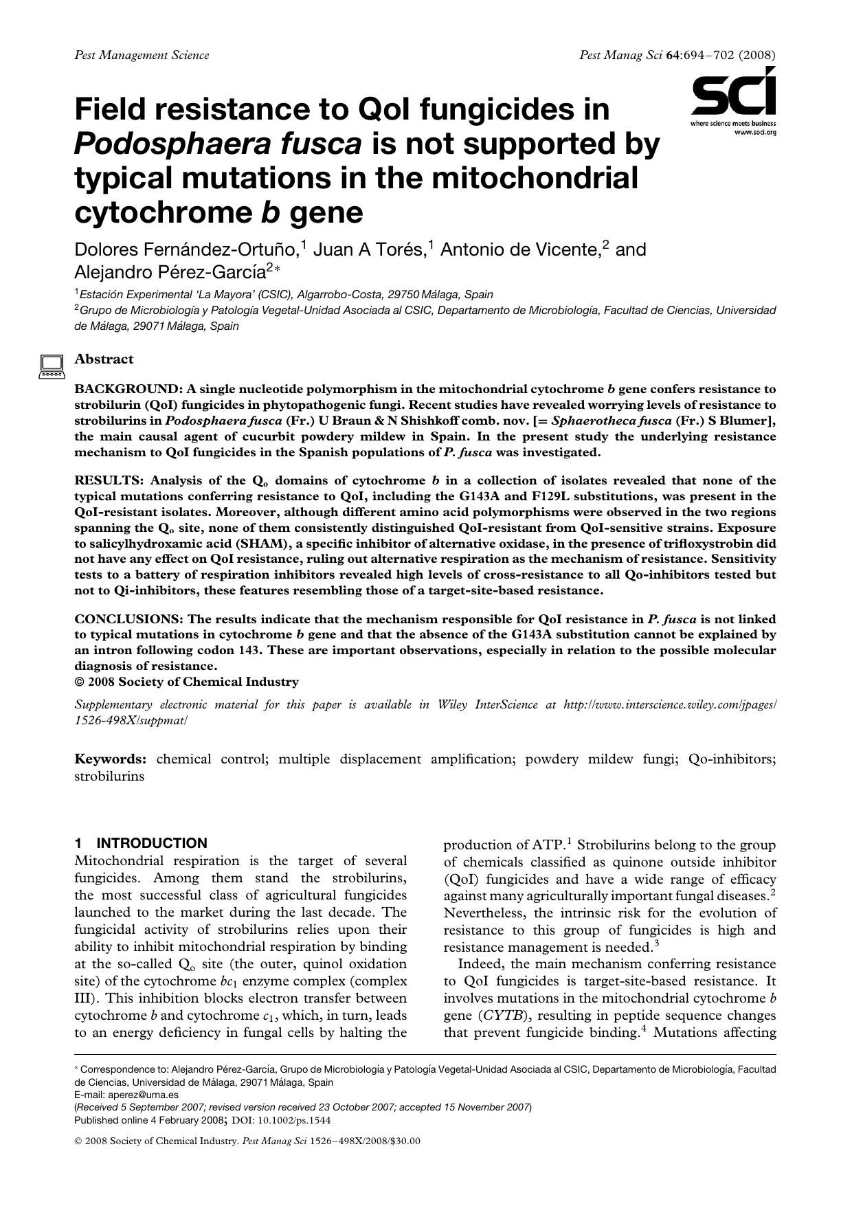 Field resistance to QoI fungicides in Podosphaera fusca is not supported by typical mutations in the mitochondrial cytochrome b gene by Unknown