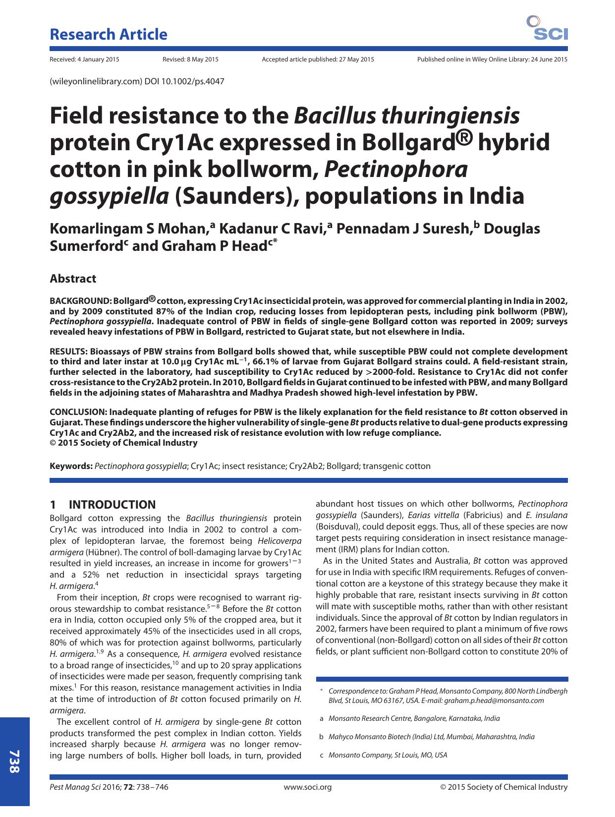 Field resistance to the Bacillus thuringiensis protein Cry1Ac expressed in BollgardÃÂ® hybrid cotton in pink bollworm, Pectinophora gossypiella (Saunders), populations in India by Unknown