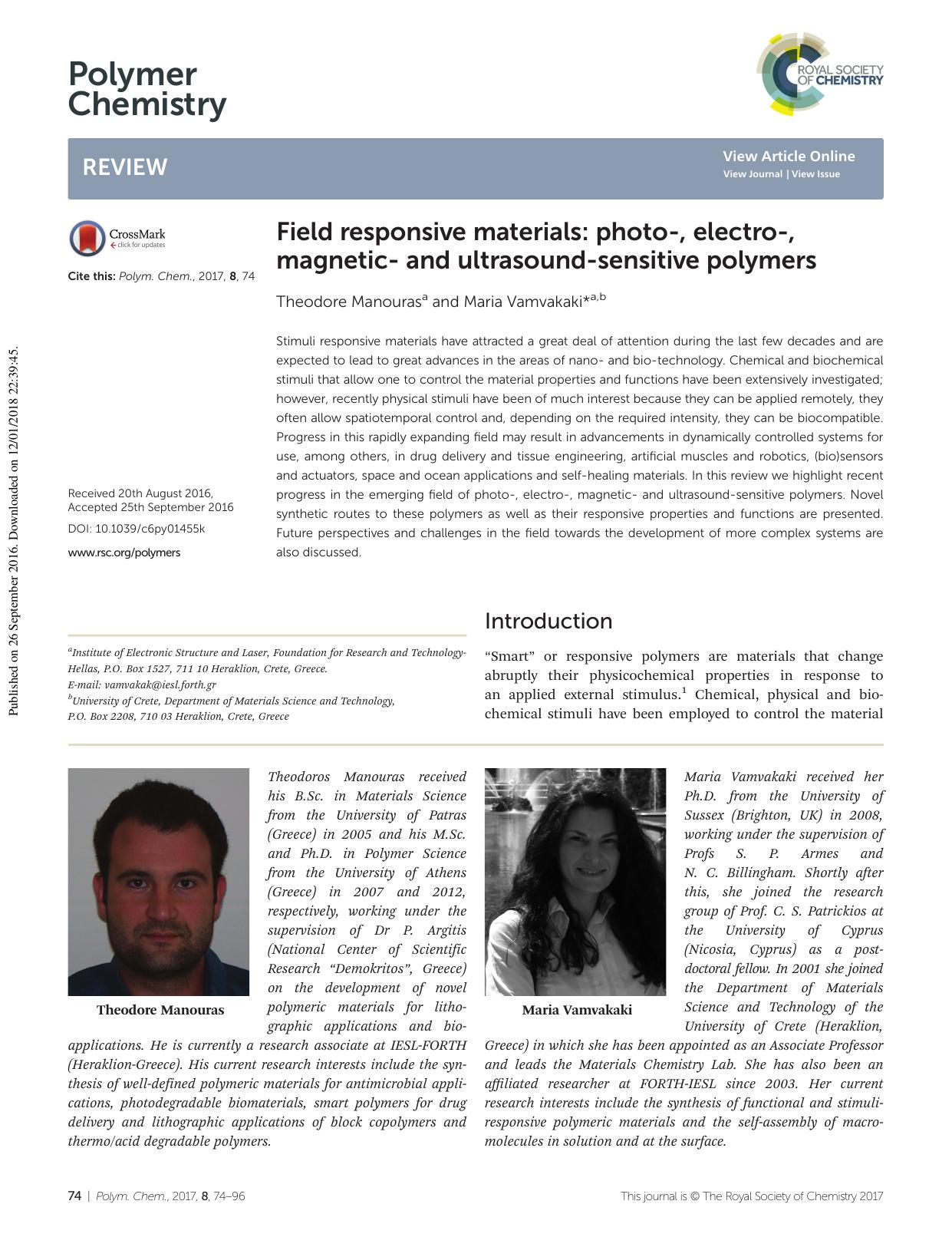 Field responsive materials: photo-, electro-, magnetic- and ultrasound-sensitive polymers by Theodore Manouras Maria Vamvakaki
