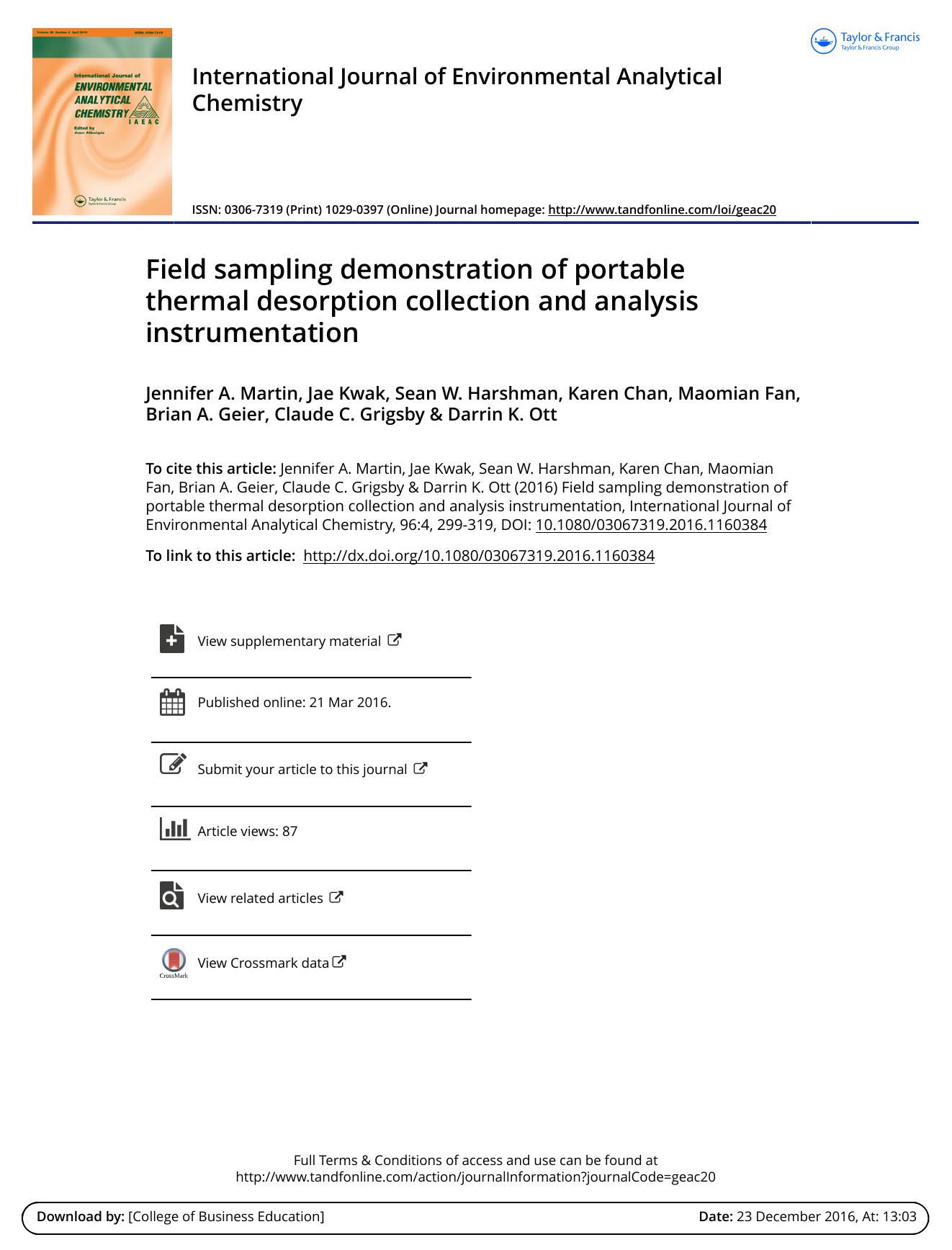 Field sampling demonstration of portable thermal desorption collection and analysis instrumentation by unknow