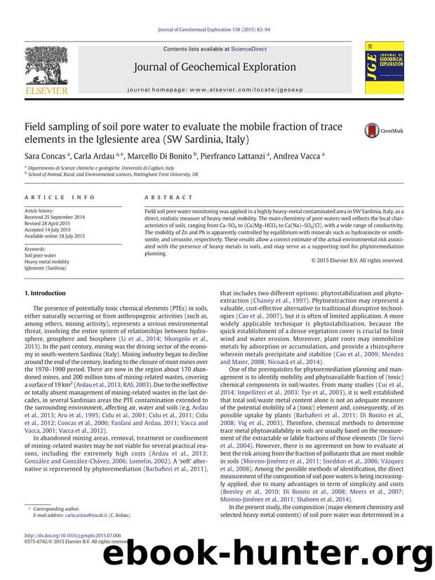 Field sampling of soil pore water to evaluate the mobile fraction of trace elements in the Iglesiente area (SW Sardinia, Italy) by Unknown