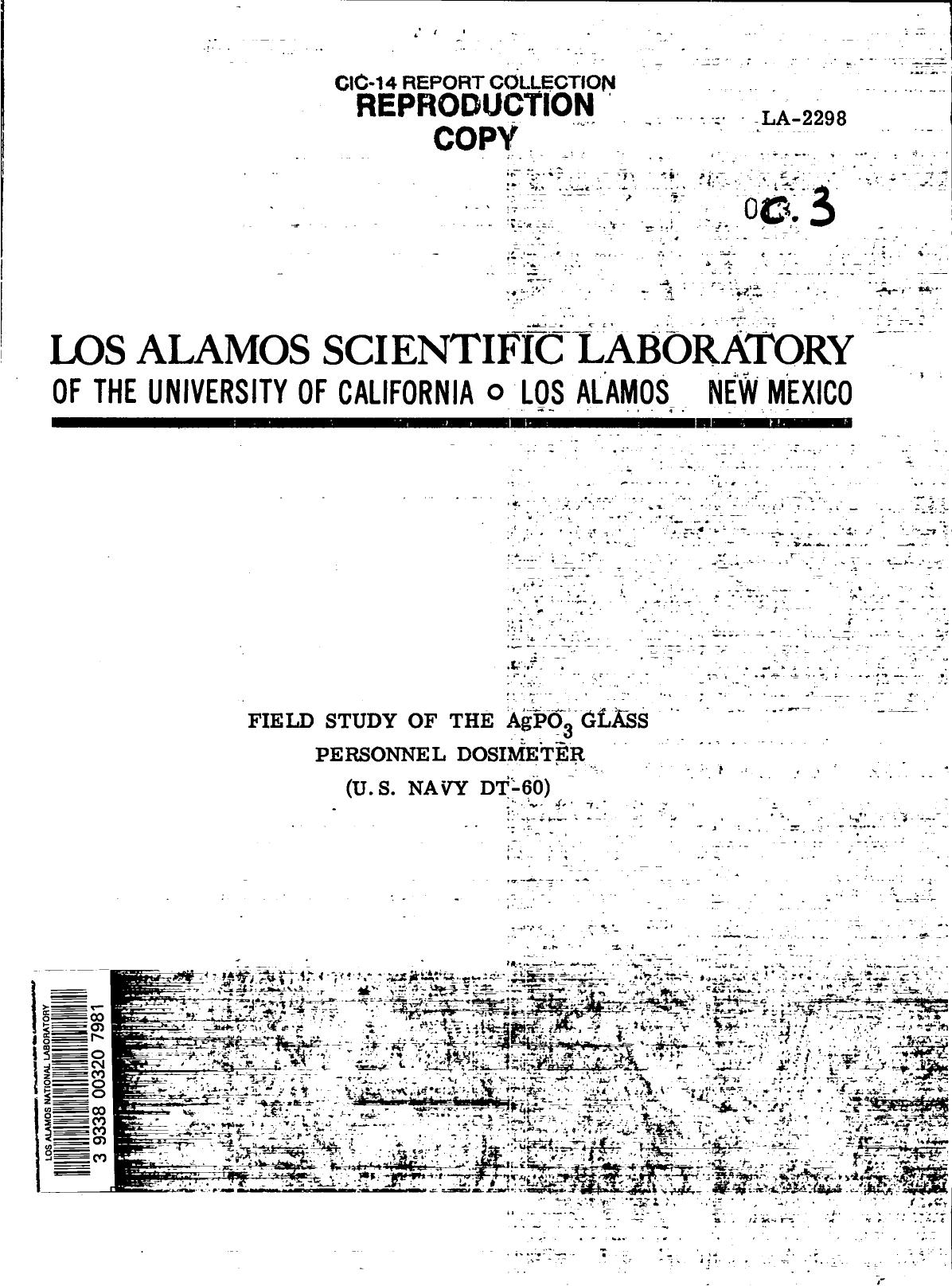 Field study of the AgPO[sub 3] glass personnel dosimeter (U.S. Navy DT-60) LA-2298 by LANL Research Library LWW Project