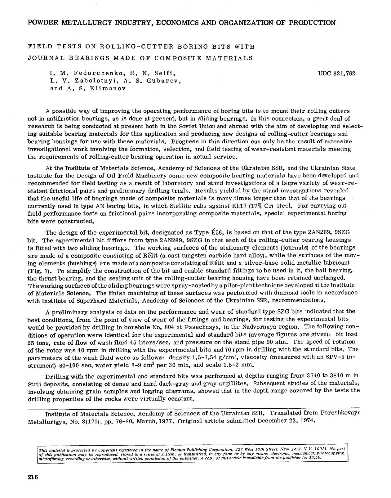 Field tests on rolling-cutt er boring bits with journal bearings made of composite materials by Unknown