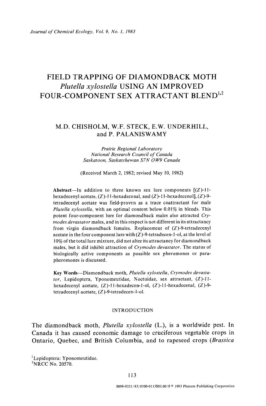 Field trapping of diamondback moth <Emphasis Type="Italic">Plutella xylostella <Emphasis> using an improved four-component sex attractant blend by Unknown