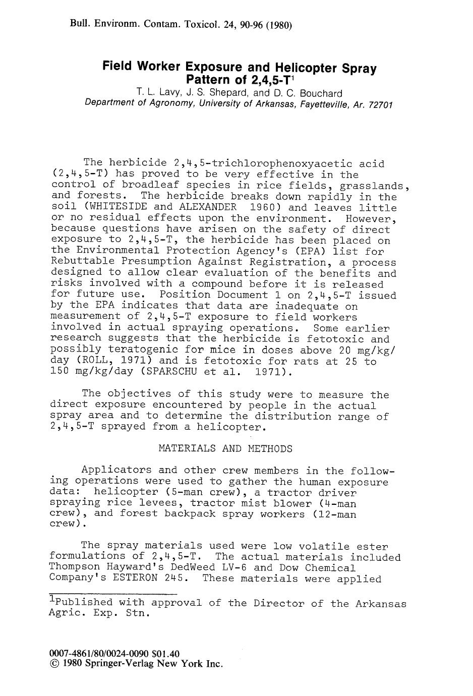 Field worker exposure and helicopter spray pattern of 2,4,5-T by Unknown