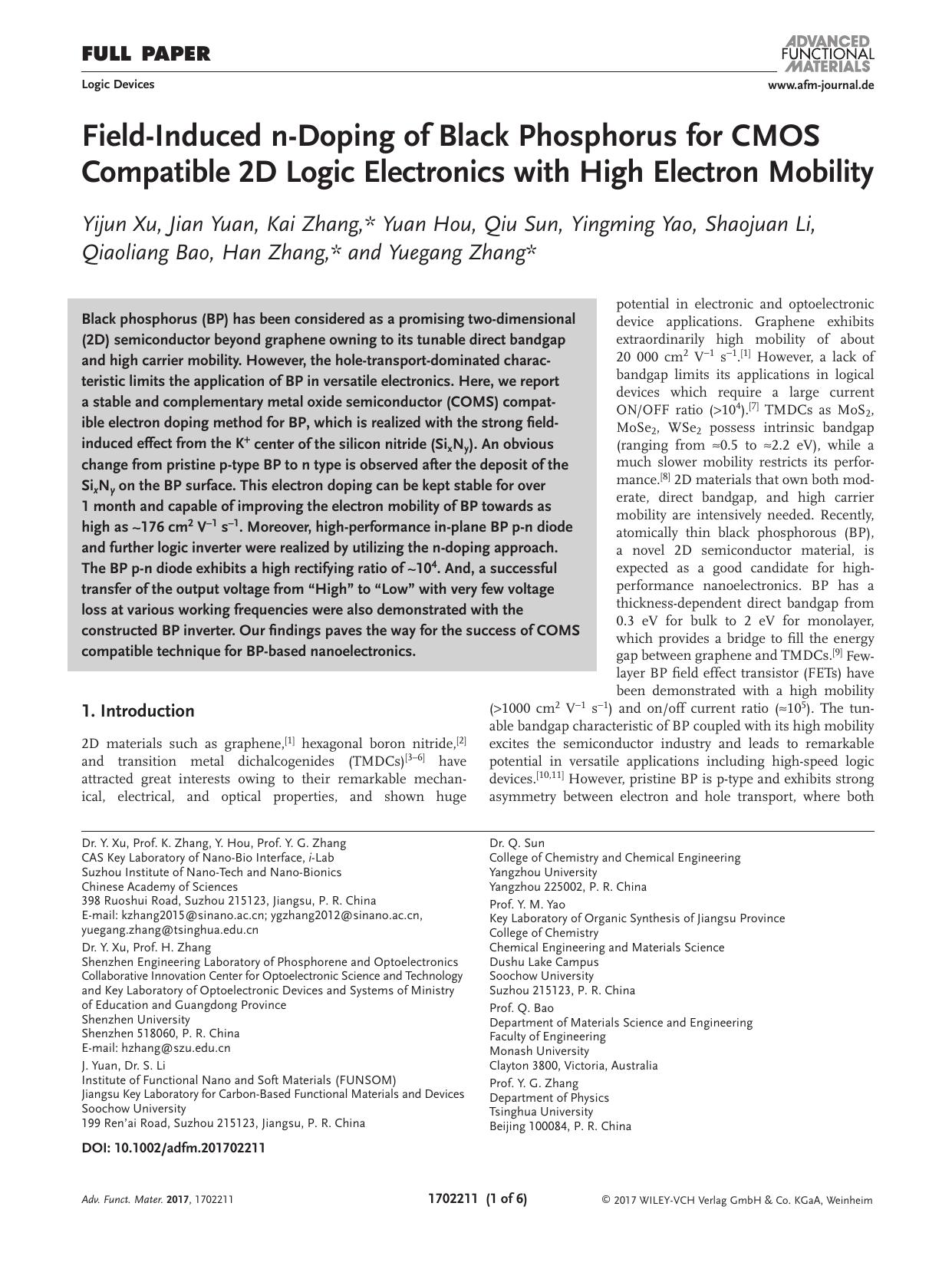 Field&#x02010;Induced n&#x02010;Doping of Black Phosphorus for CMOS Compatible 2D Logic Electronics with High Electron Mobility by Unknown