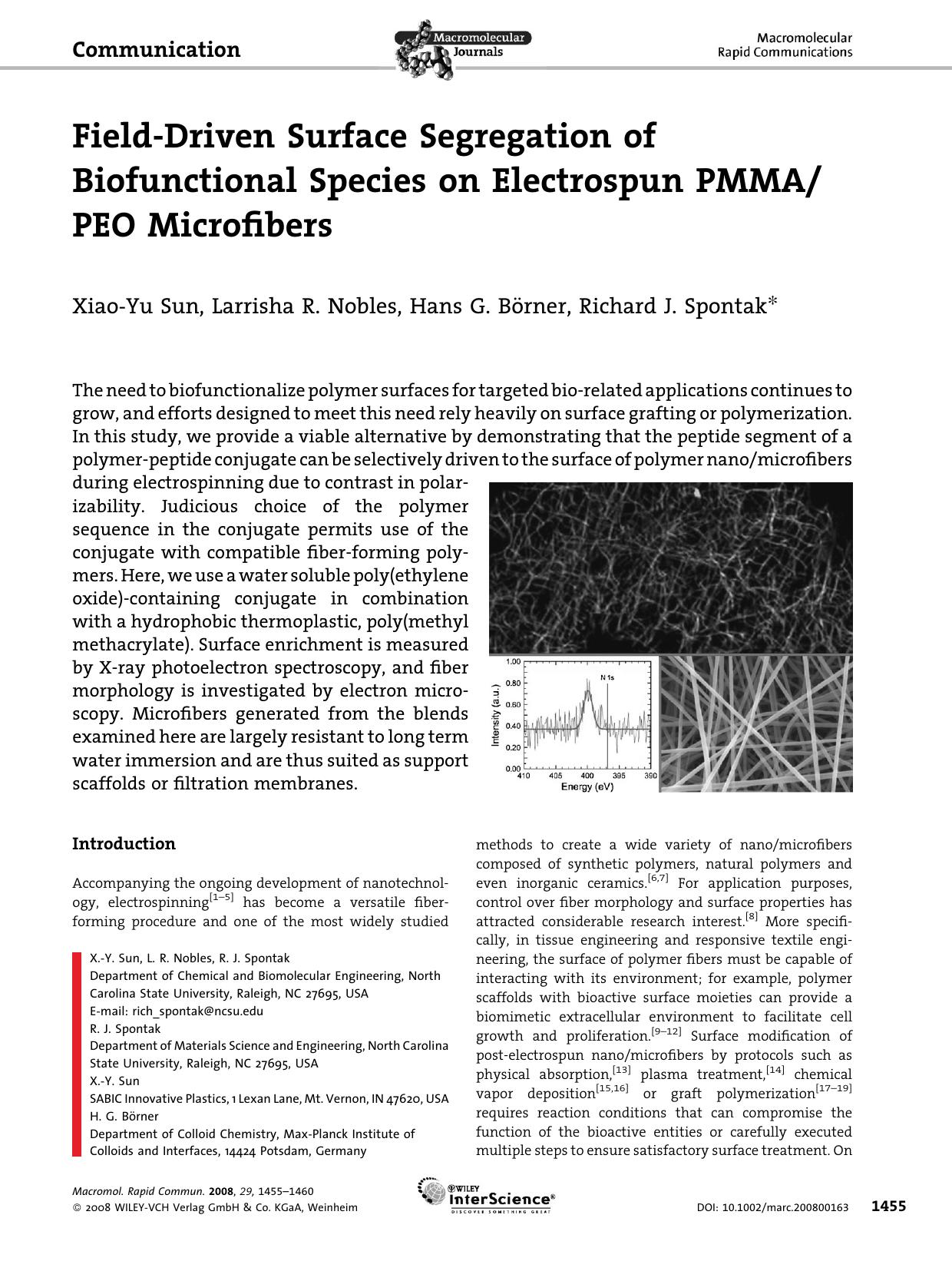 Field-Driven Surface Segregation of Biofunctional Species on Electrospun PMMAPEO Microfibers by Unknown