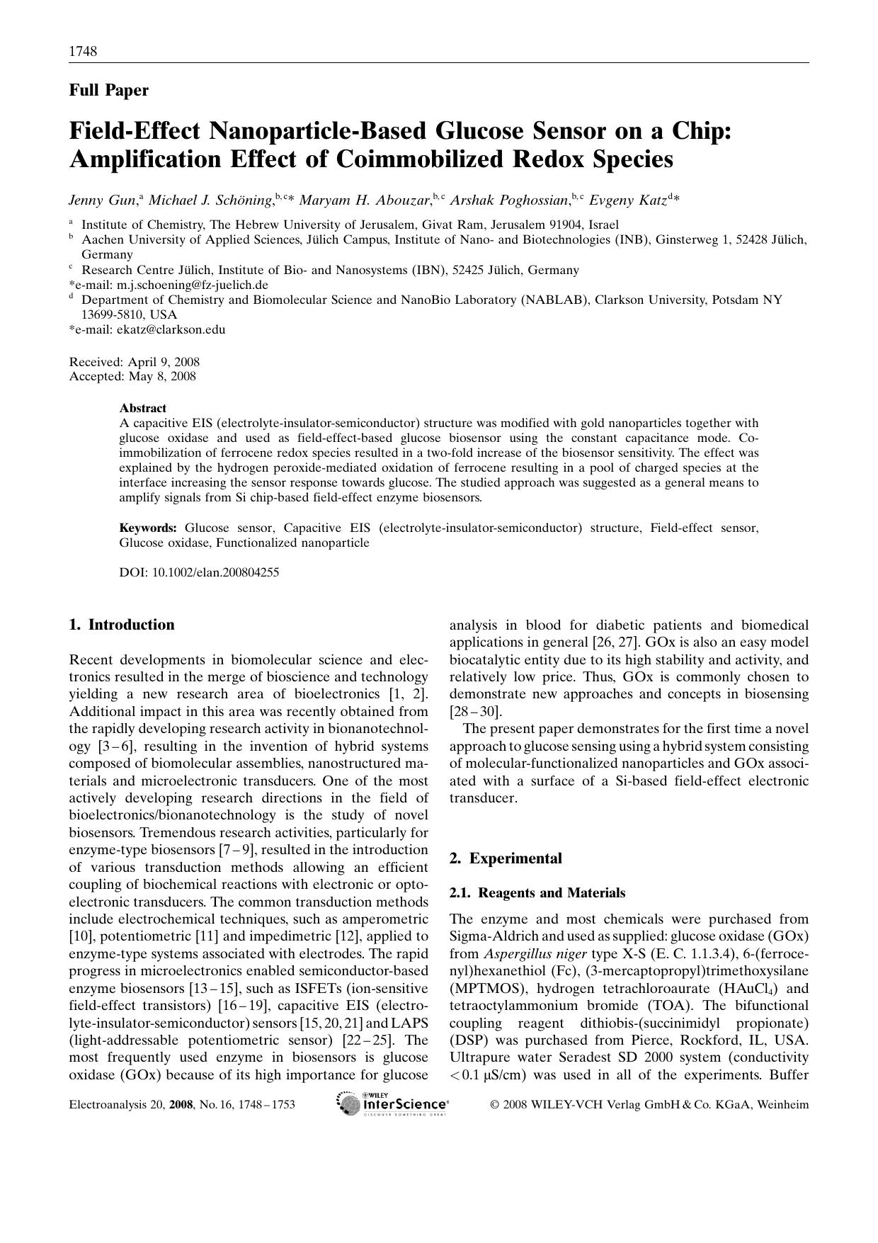 Field-Effect Nanoparticle-Based Glucose Sensor on a Chip: Amplification Effect of Coimmobilized Redox Species by Unknown