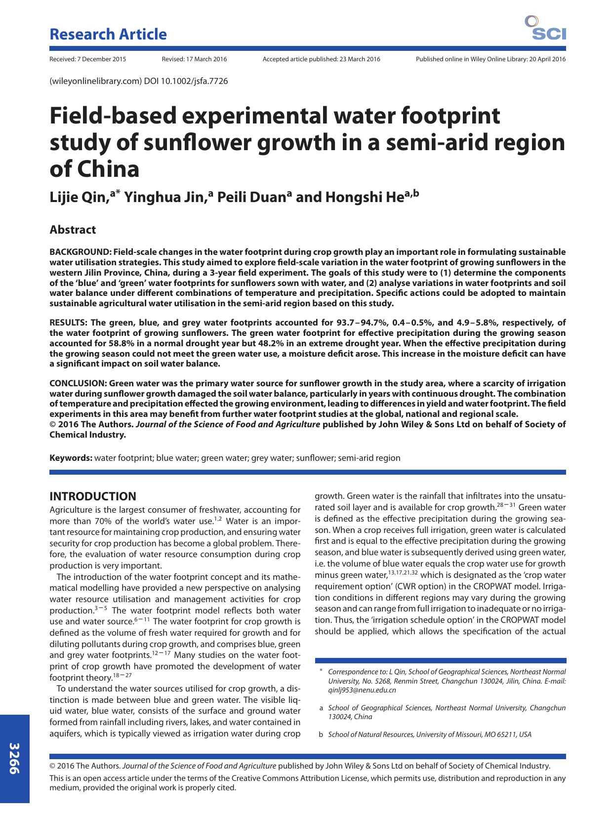Field-based experimental water footprint study of sunflower growth in a semi-arid region of China by Unknown